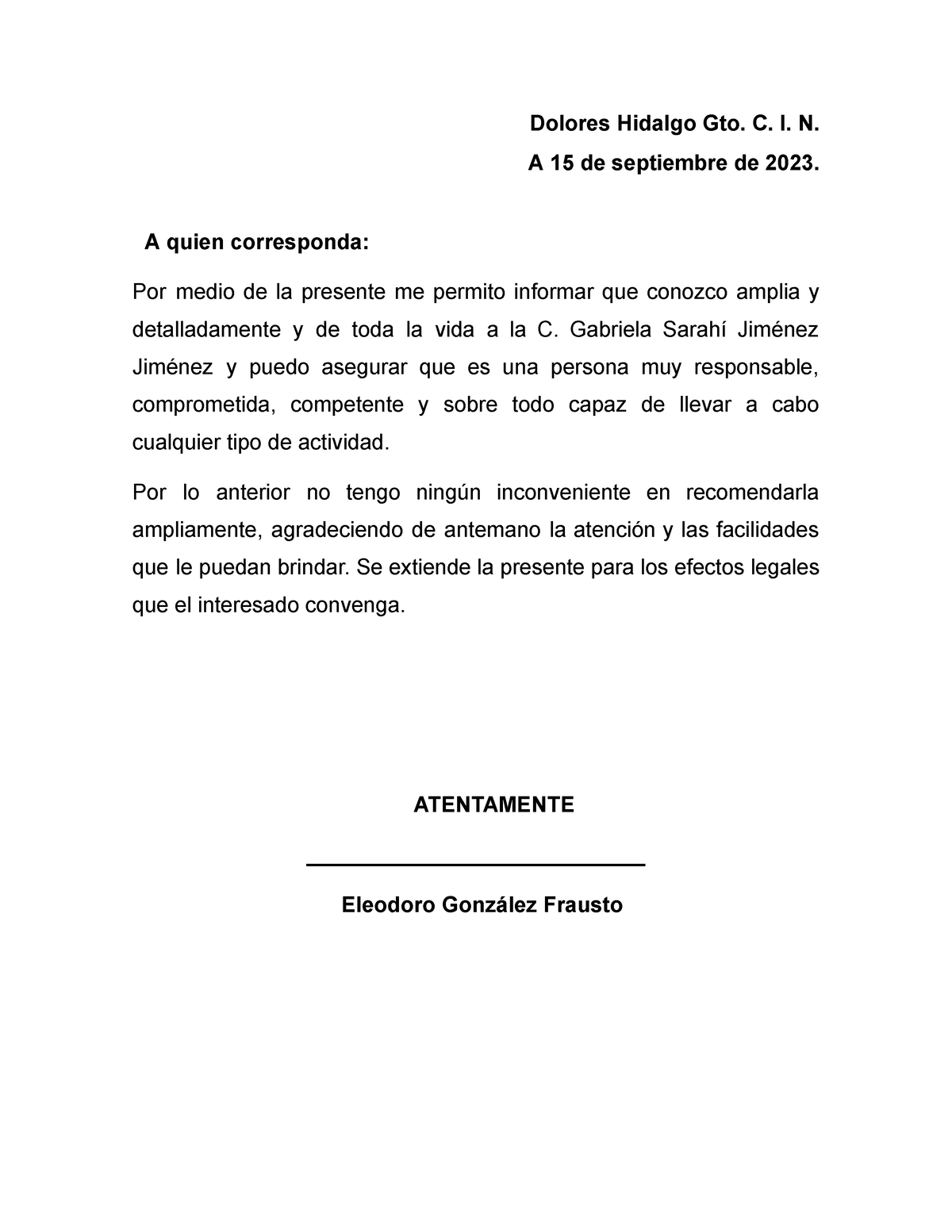 Carta Recomendacion Dolores Hidalgo Gto C I N A 15 De Septiembre De 2023 A Quien 6709