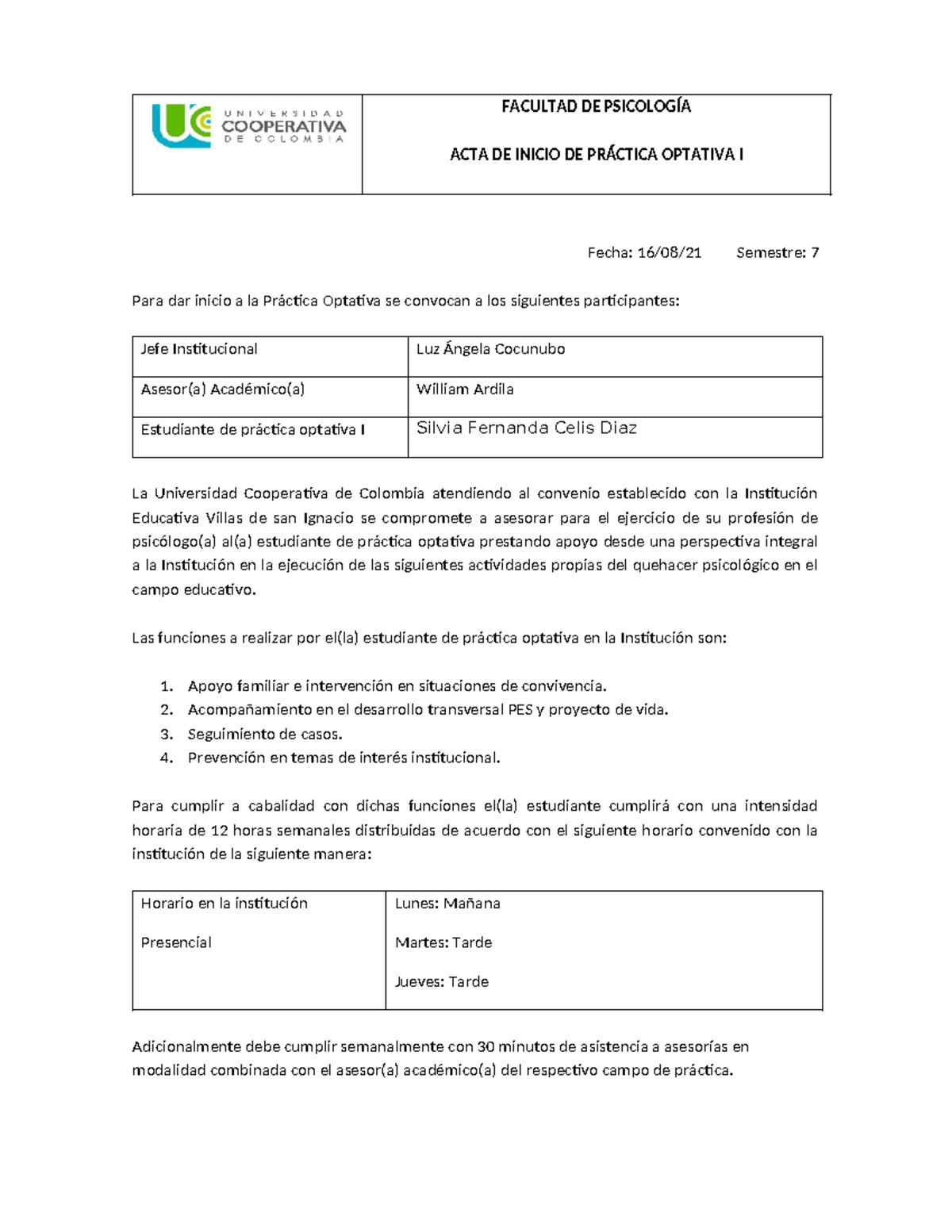 Acta de inicio - FACULTAD DE PSICOLOGÍA ACTA DE INICIO DE PRÁCTICA ...