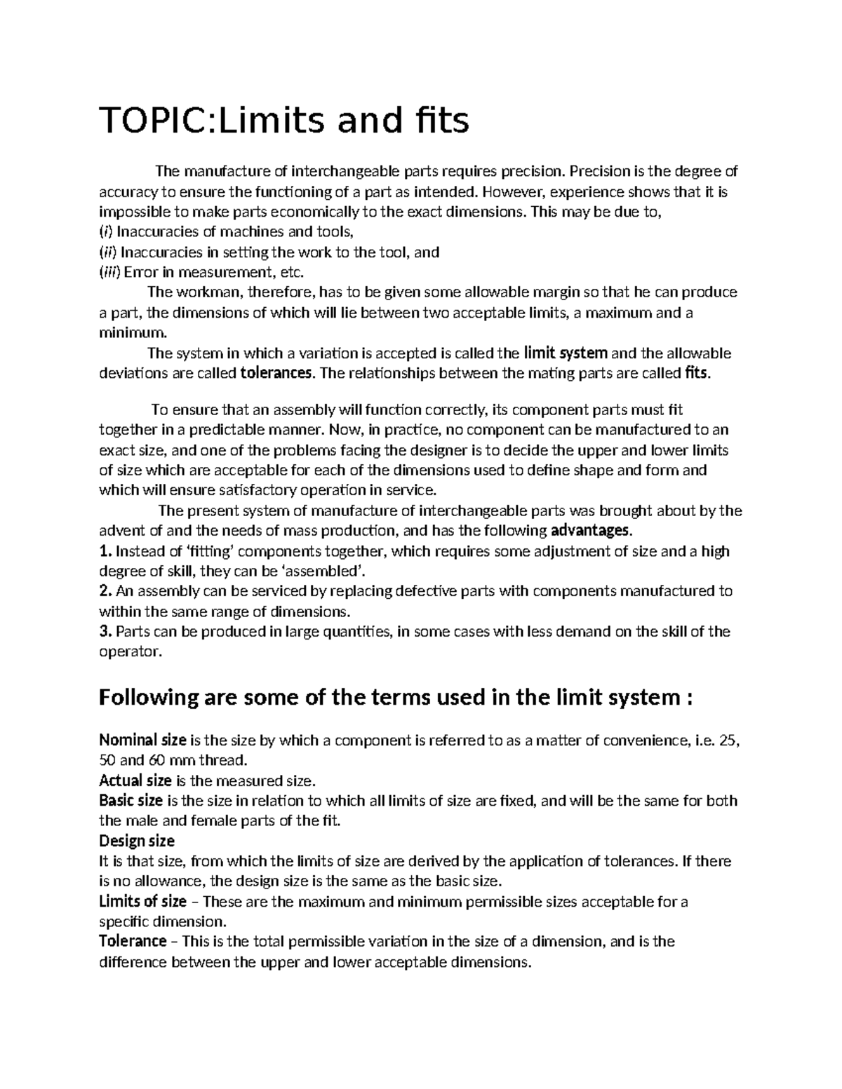 Limits and fits - TOPIC:Limits and fits The manufacture of ...