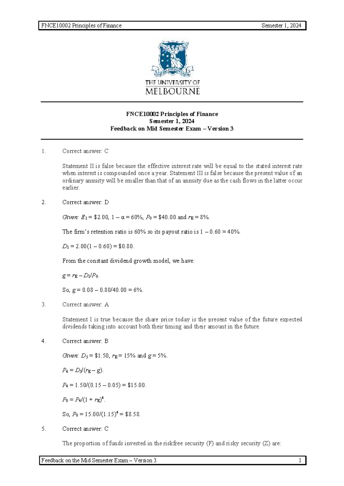 10002 Mid24 Sem1 Ver3 Ans - FNCE10002 Principles of Finance Semester 1 ...
