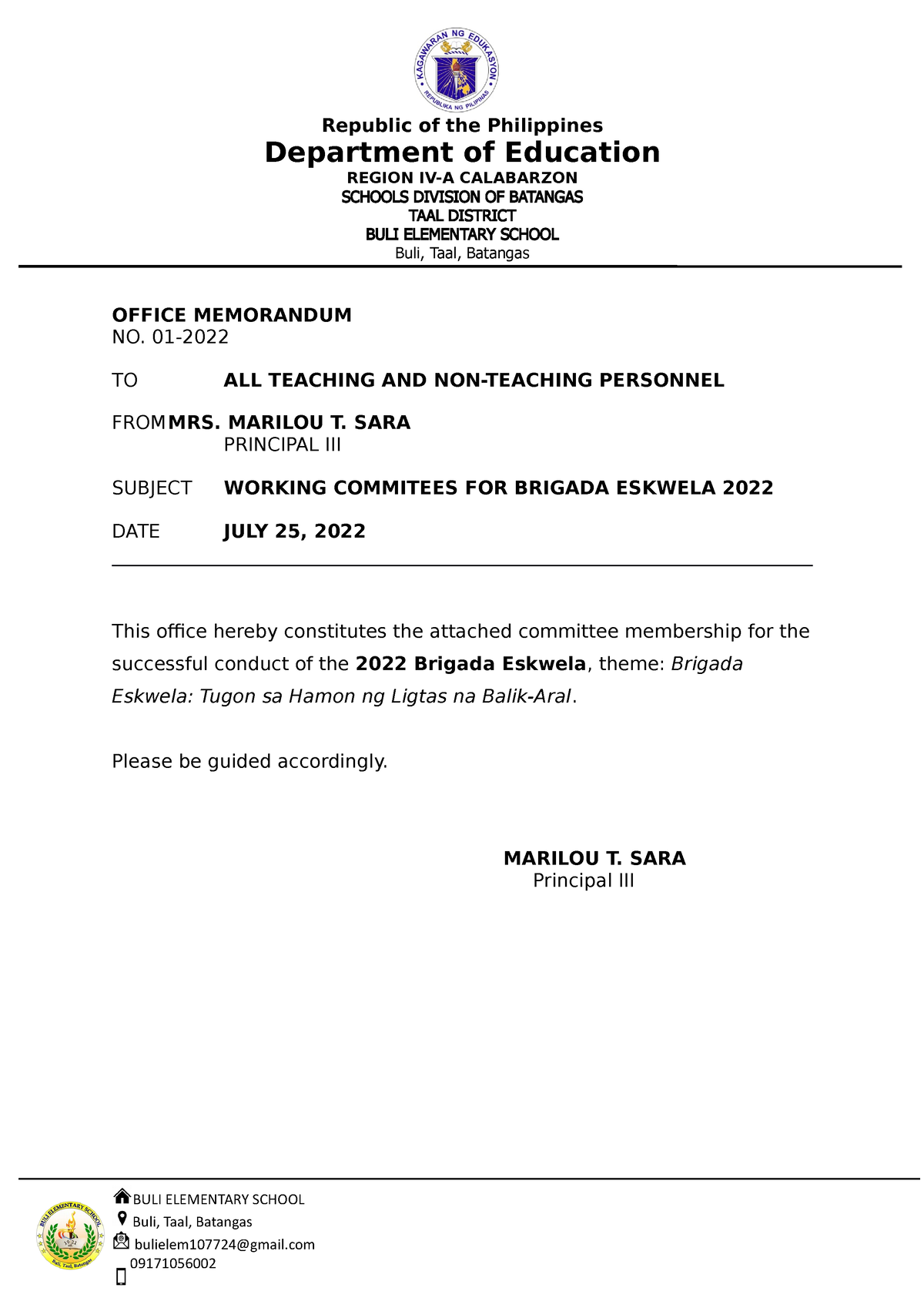 Office Memorandum Brigada Eskwela 2022 Department Of Education Region