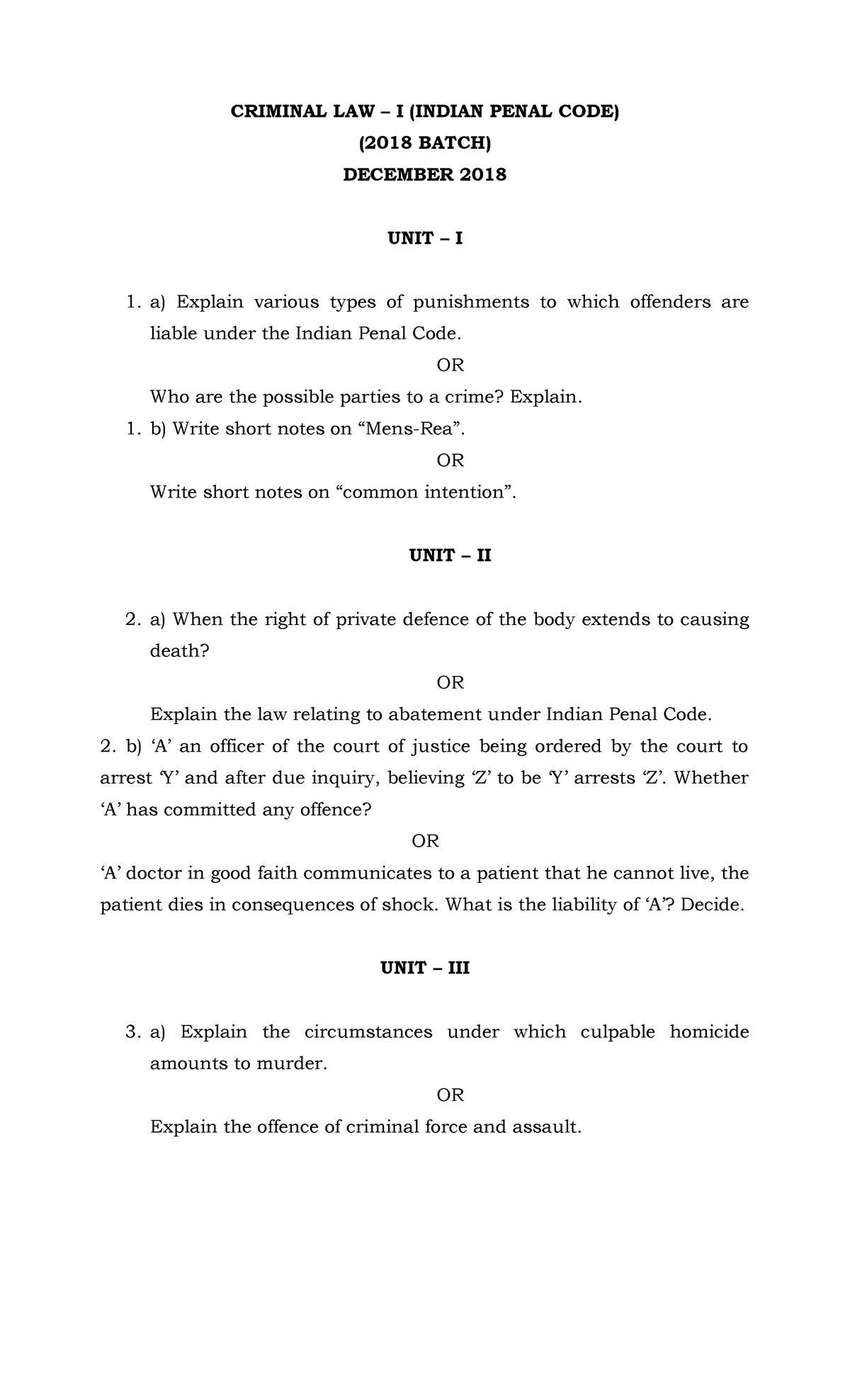 2018 Batch 2018 D Ipc - Question Paper - CRIMINAL LAW – I (INDIAN PENAL ...