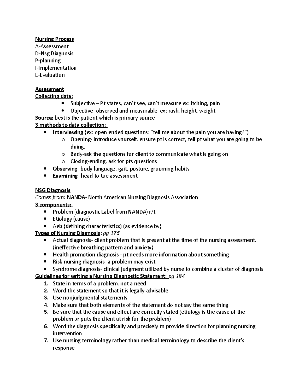 Nursing Process July 7, 2021 Notes - Nursing Process A-Assessment D-Nsg ...