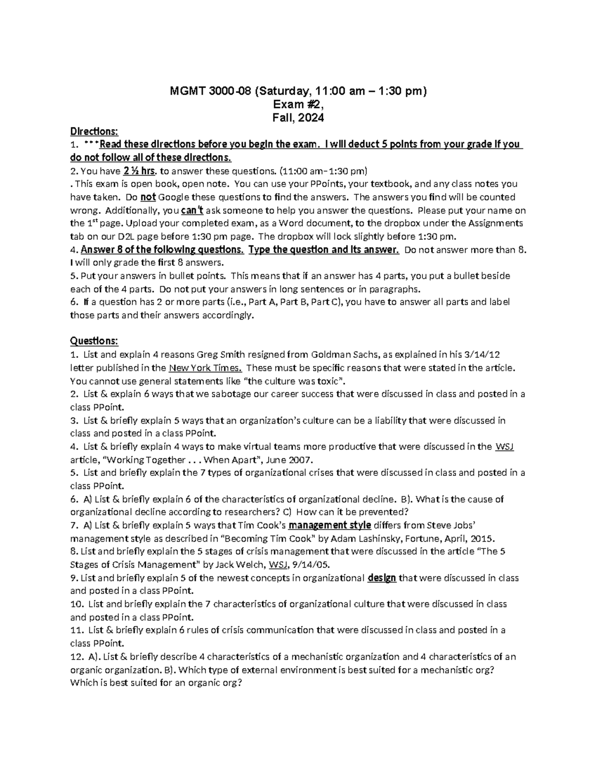 Mgmt 3000 08 Exam 2 Fall 2024 Mgmt 3000 08 Saturday 11 00 Am 1 30