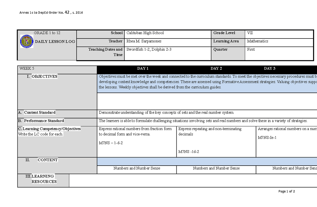 G7 Q1 WEEK 05 - Math 7 - GRADE 1 to 12 DAILY LESSON LOG School ...