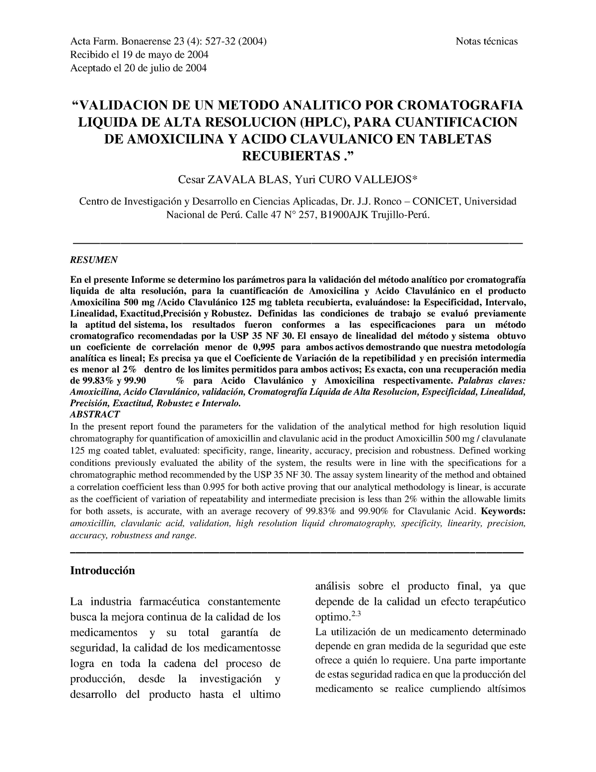 Validacion De Un Metodo Analitico Por Cromatografia Liquida De Alta Resolucion Hplc Para 1066