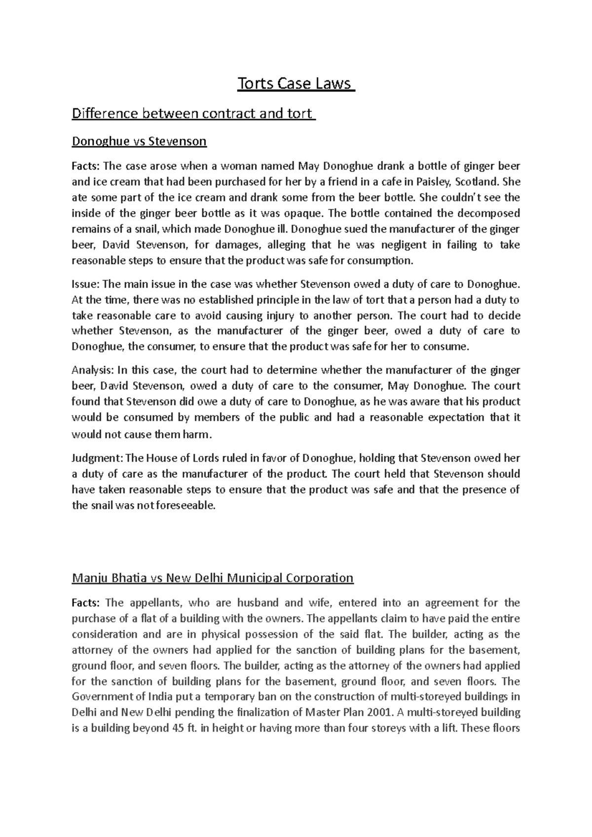 Torts Case Laws Notes - Torts Case Laws Difference between contract and ...