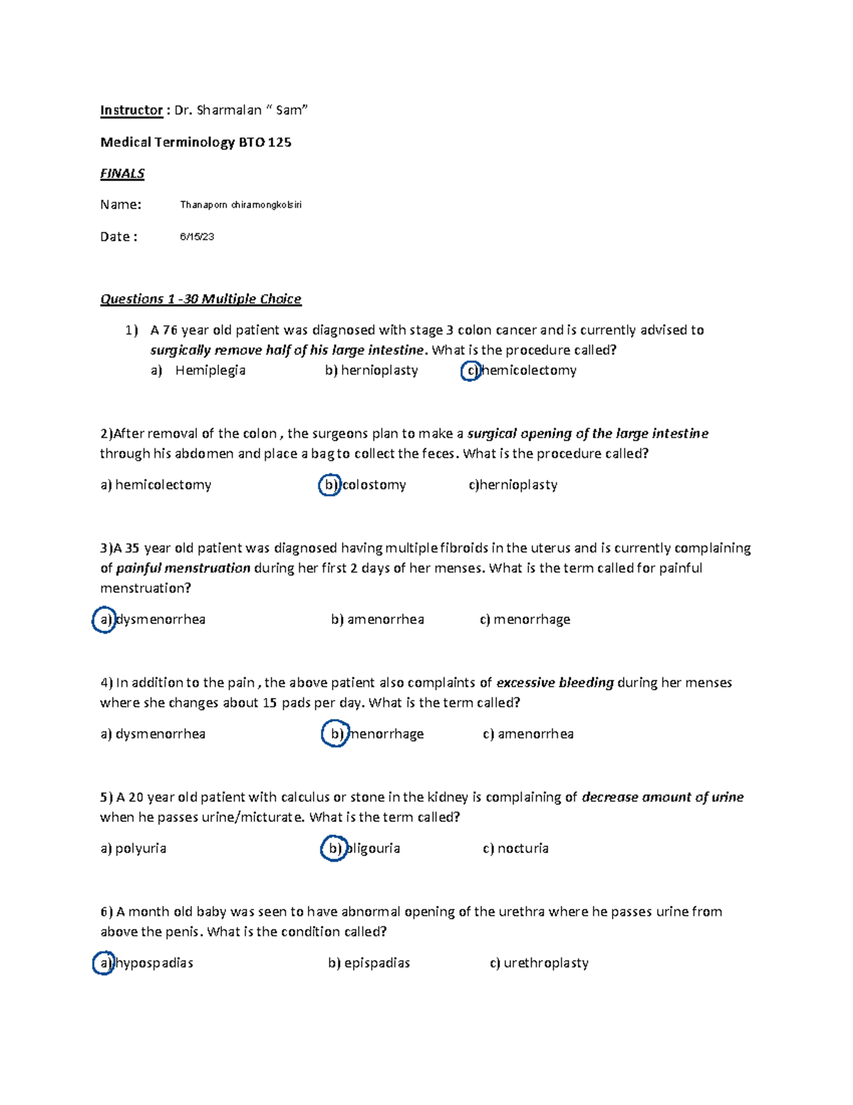 Medical Terminology Final - Instructor : Dr. Sharmalan “ Sam” Medical ...