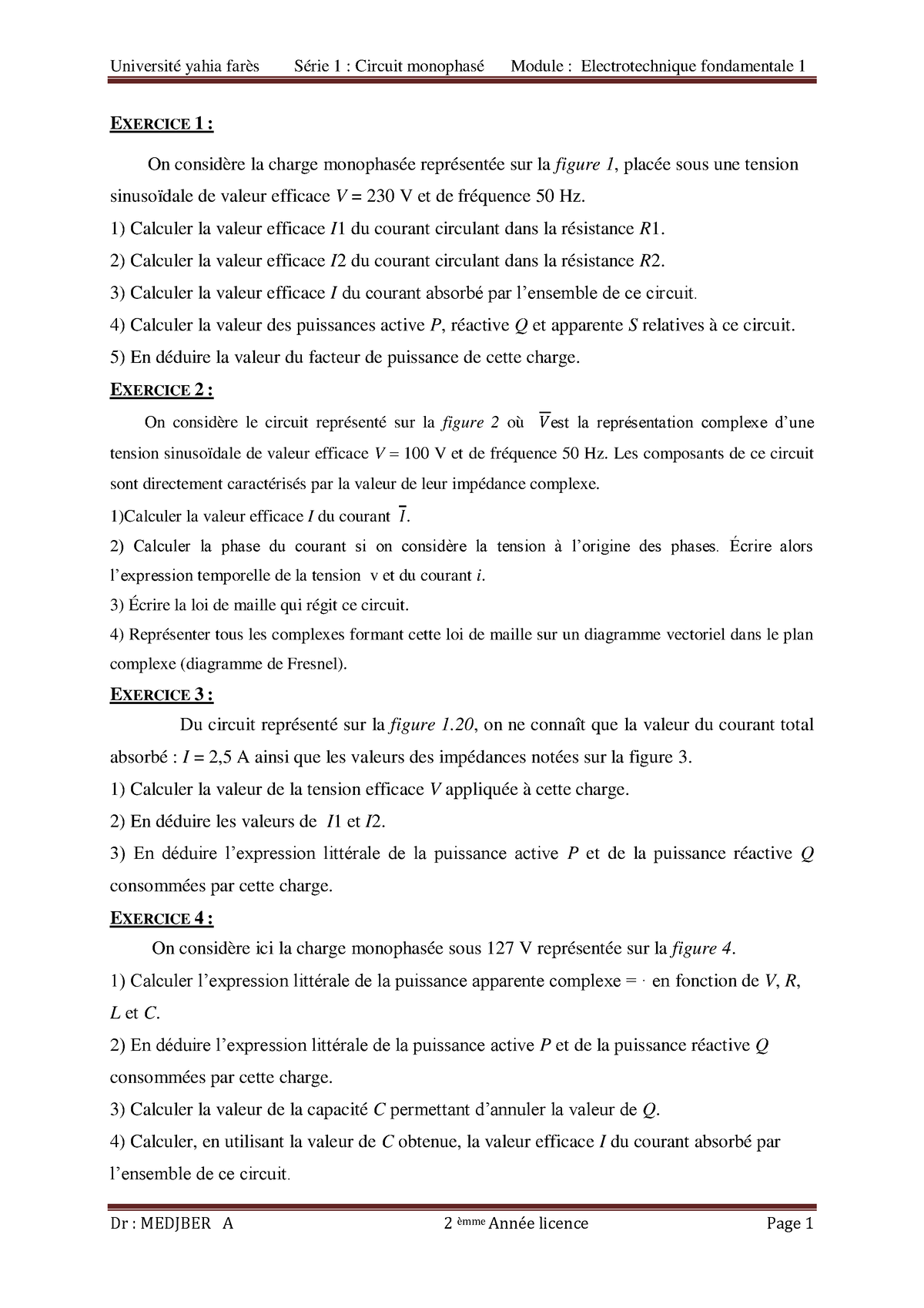 Td1 Electrotechnique Fondamentale 1 Médéa Université Yahia Farès Série 1 Circuit Monophasé 8805