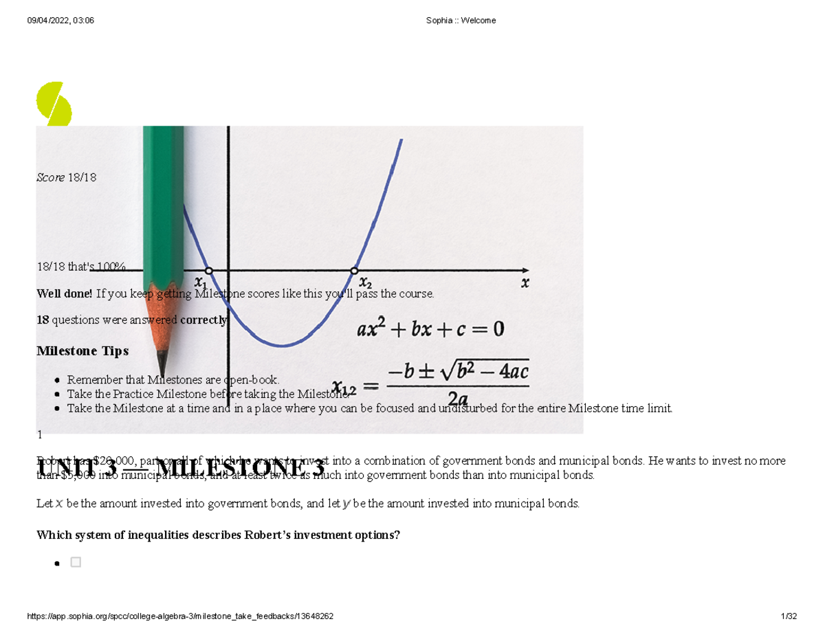 Unit Milestone Sophia University - College Algebra - Studocu