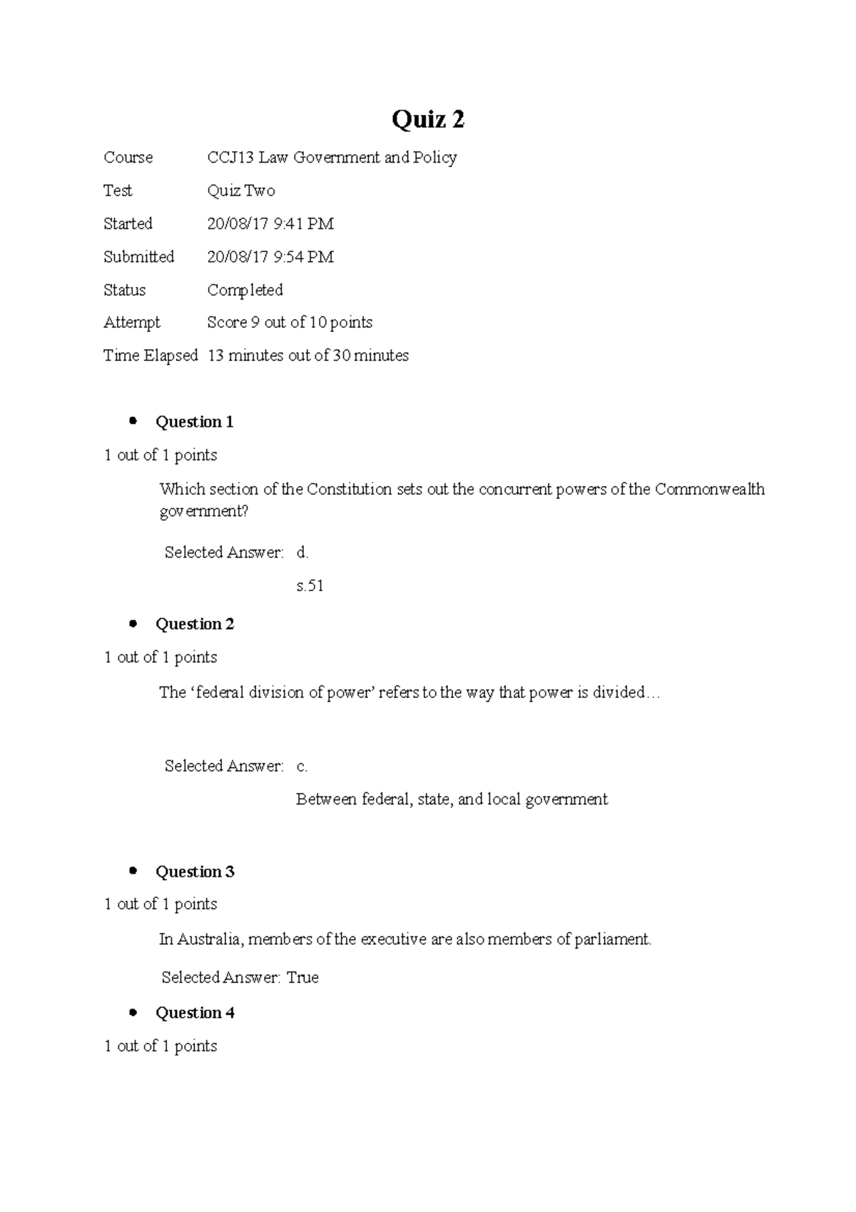 Quiz 2 9 July 2017 Questions And Answers Quiz 2 Course CCJ13 Law