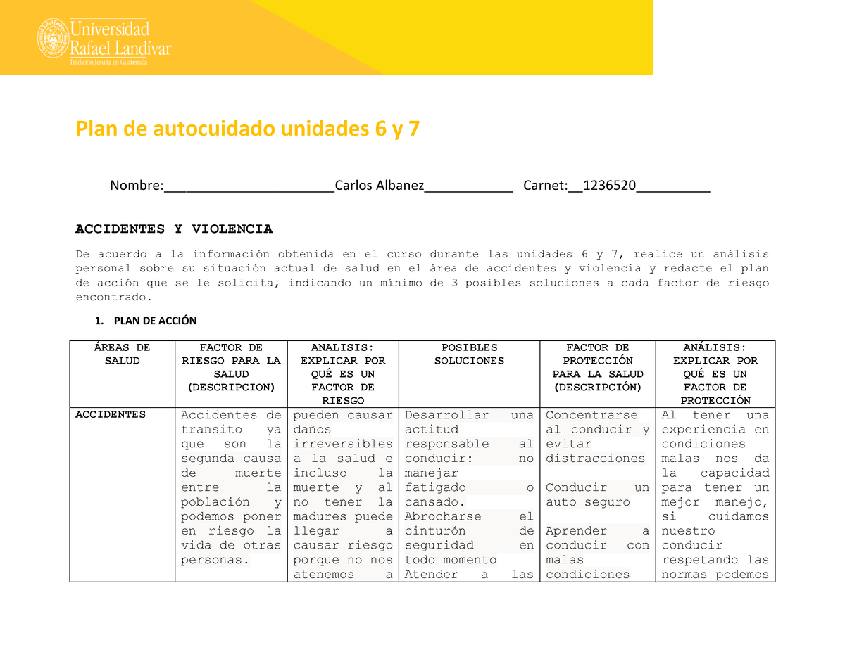 Plan De Autocuidado Unidades 6 Y 7 - 1. PLAN DE ACCI”N ¡REAS DE SALUD ...