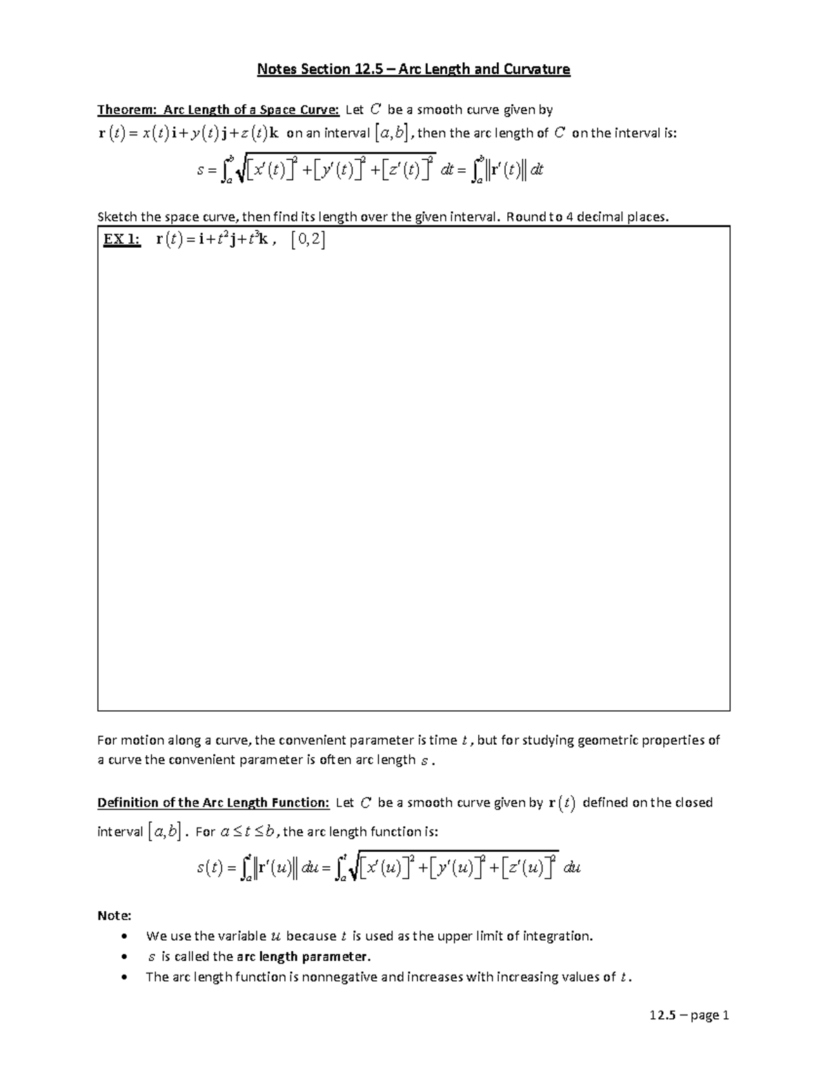 Notes Section 12 - fss - Notes Section 12 – Arc Length and Curvature ...