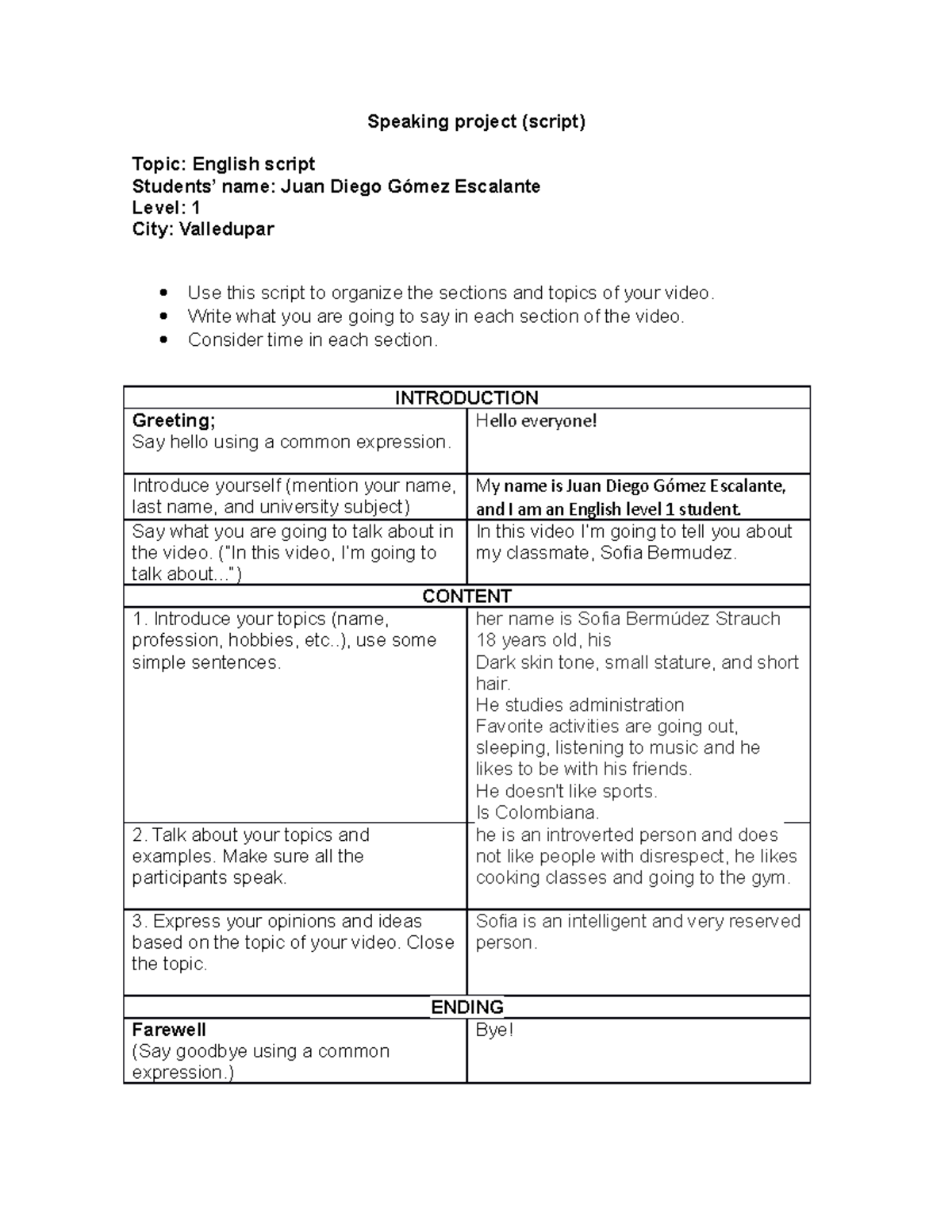 Final project - guión - Speaking project (script) Topic: English script ...