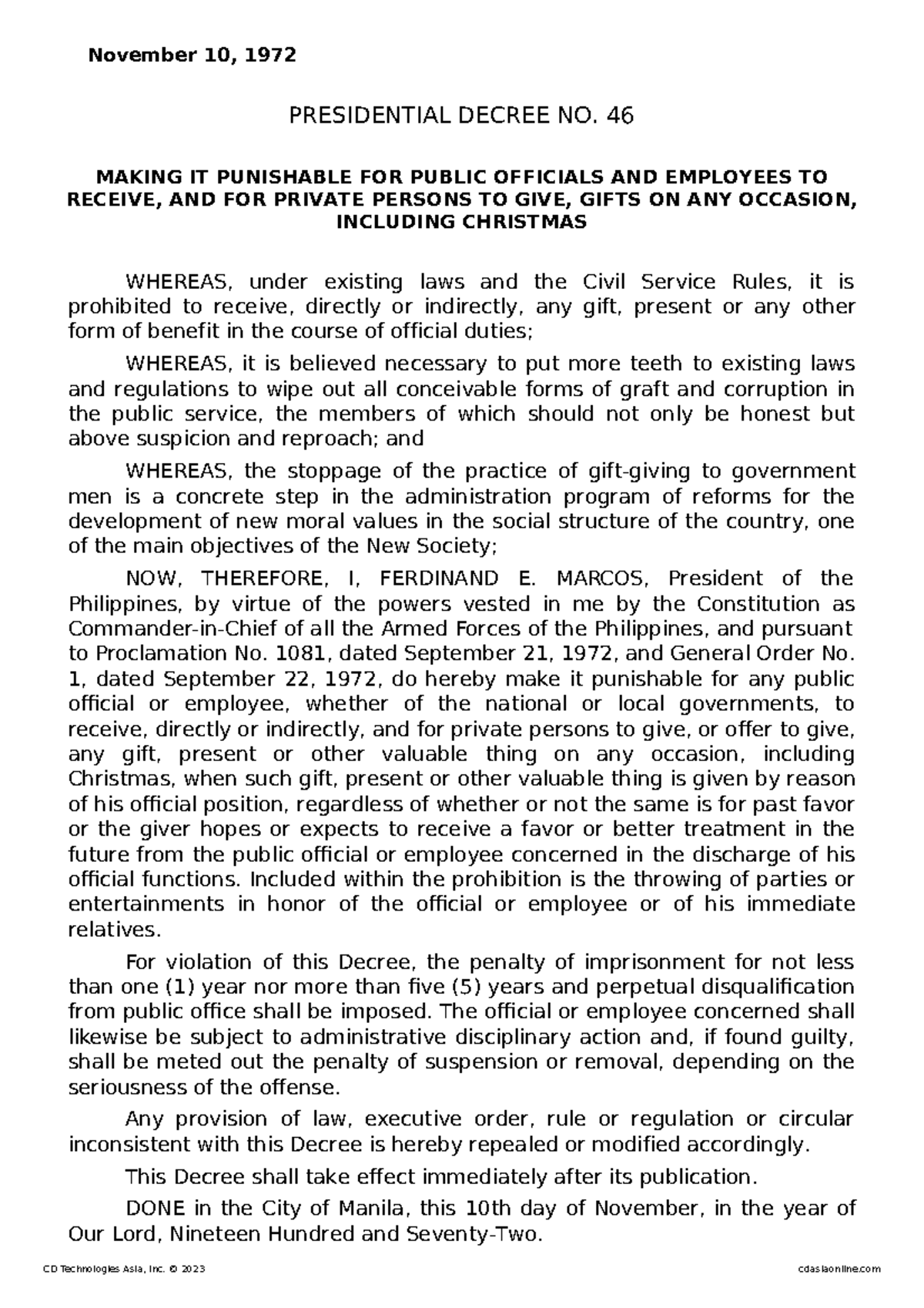 Presidential Decree No. 46 - Prohibition Against Receiving by Public ...