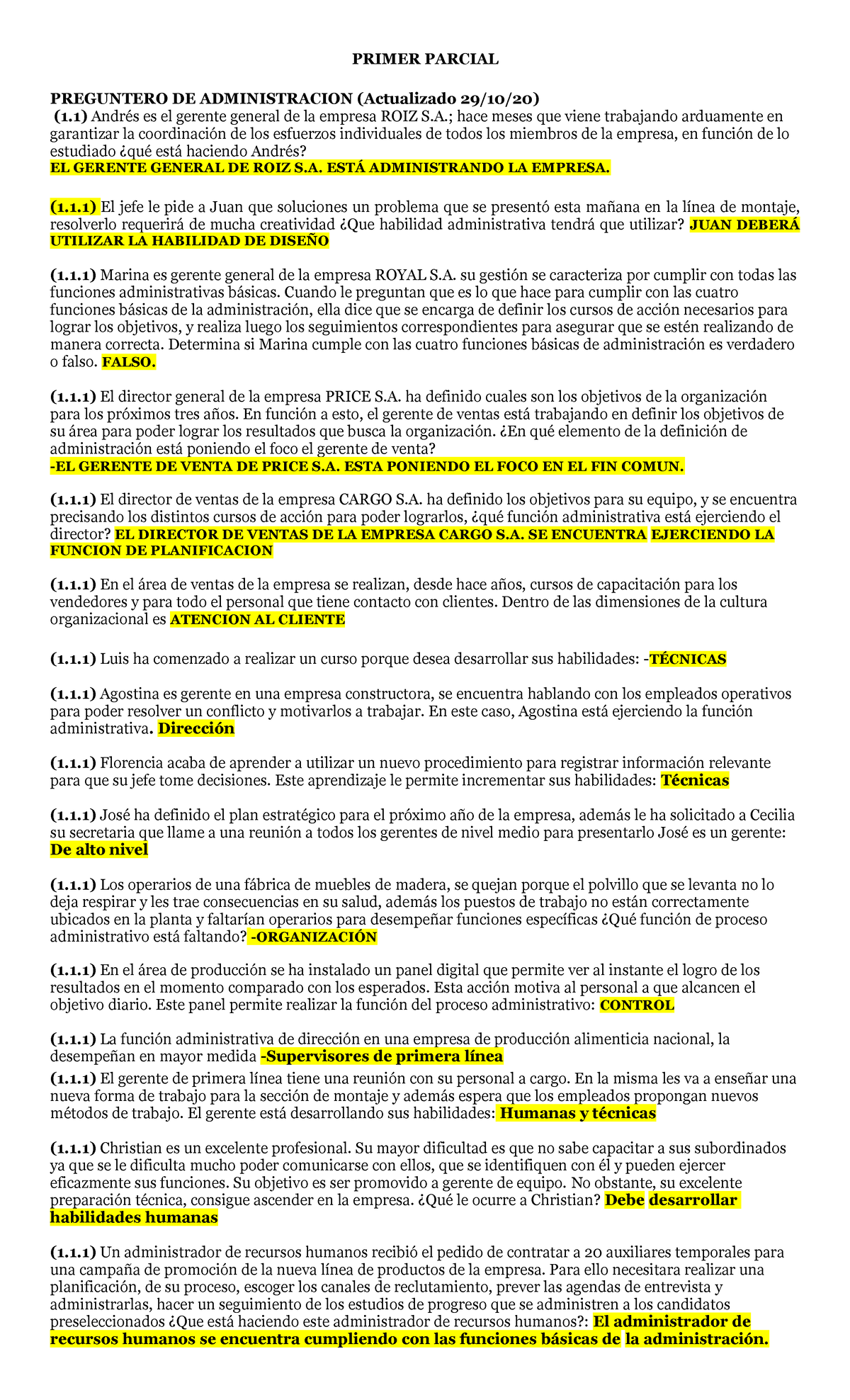 PARCIAL 29 Octubre 2020, preguntas y respuestas - PRIMER PARCIAL PREGUNTERO  DE ADMINISTRACION - StuDocu