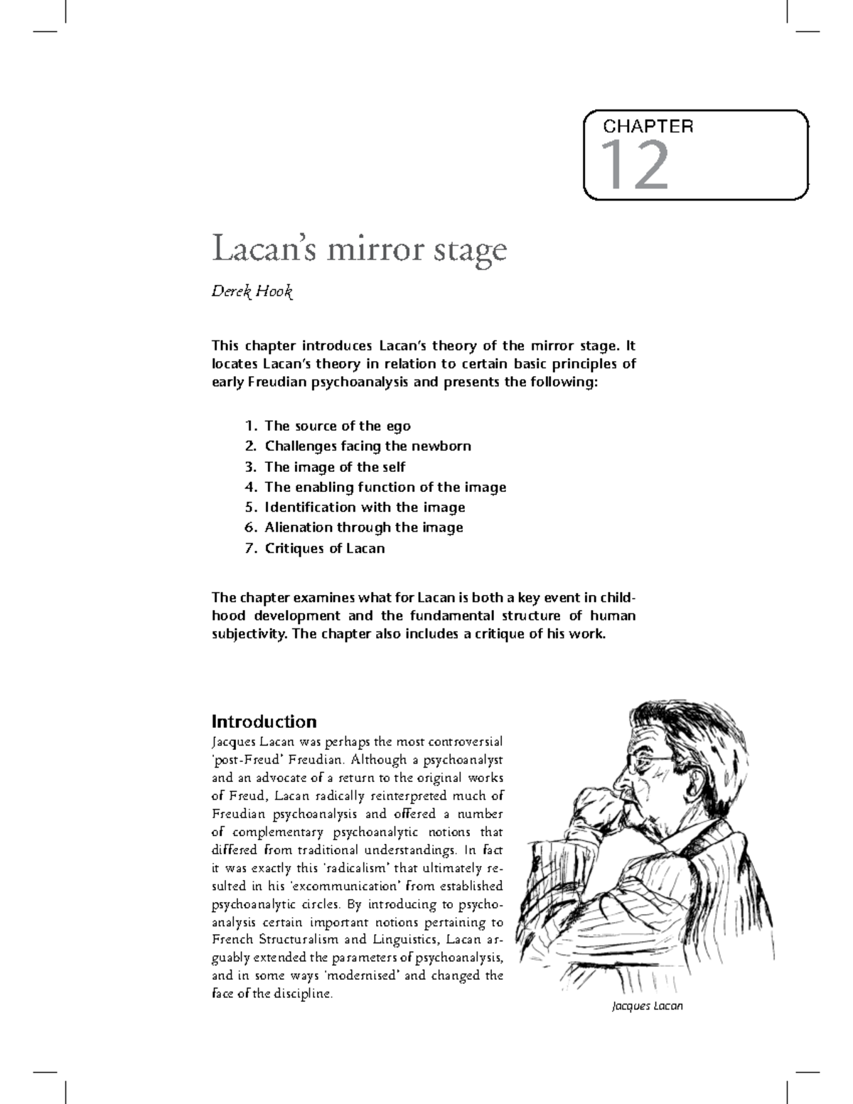 Lacan mirror stage assignment CHAPTER 12 Lacan’s mirror stage Derek