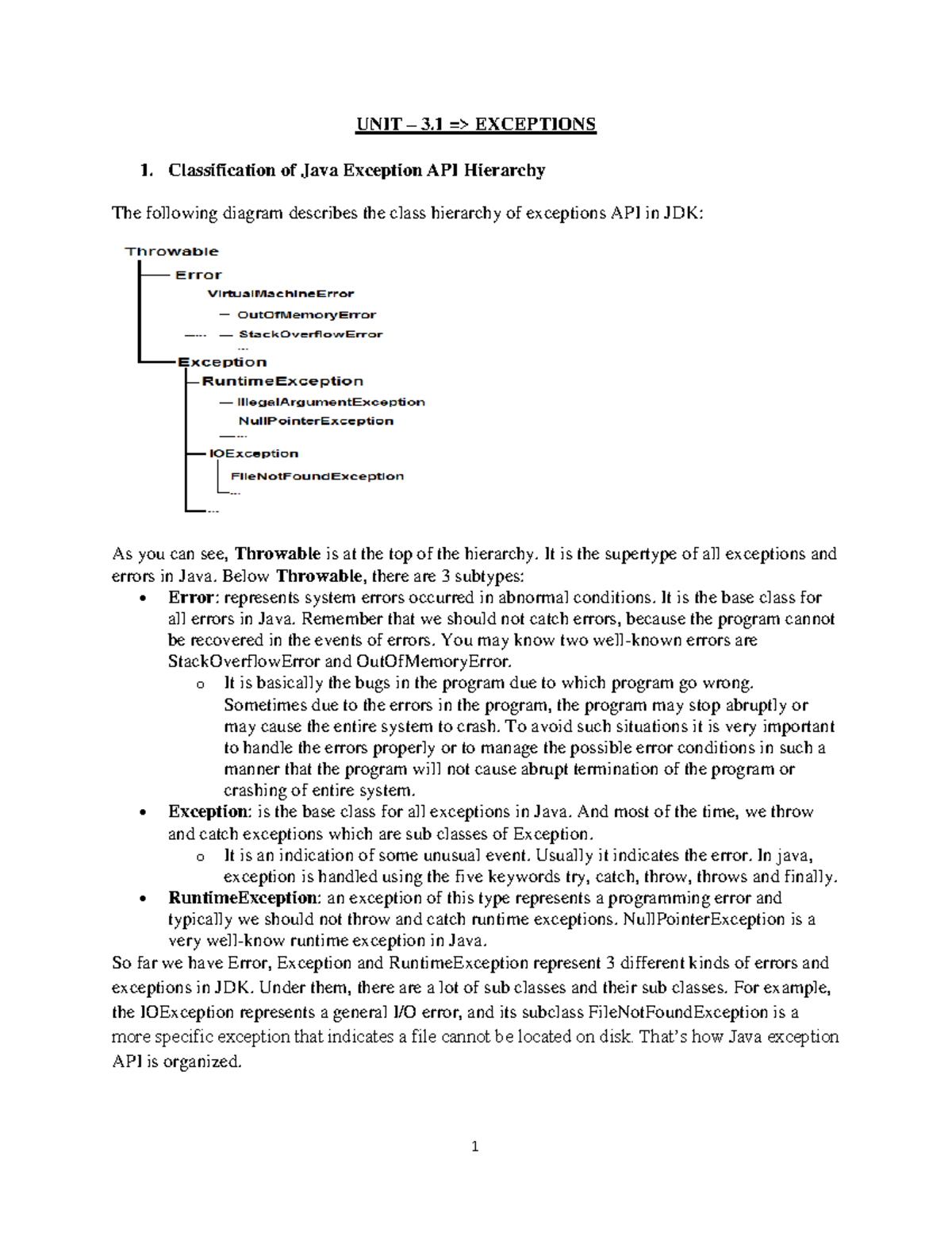 Unit 3 java - wsx - UNIT – 3 => EXCEPTIONS Classification of Java ... image.