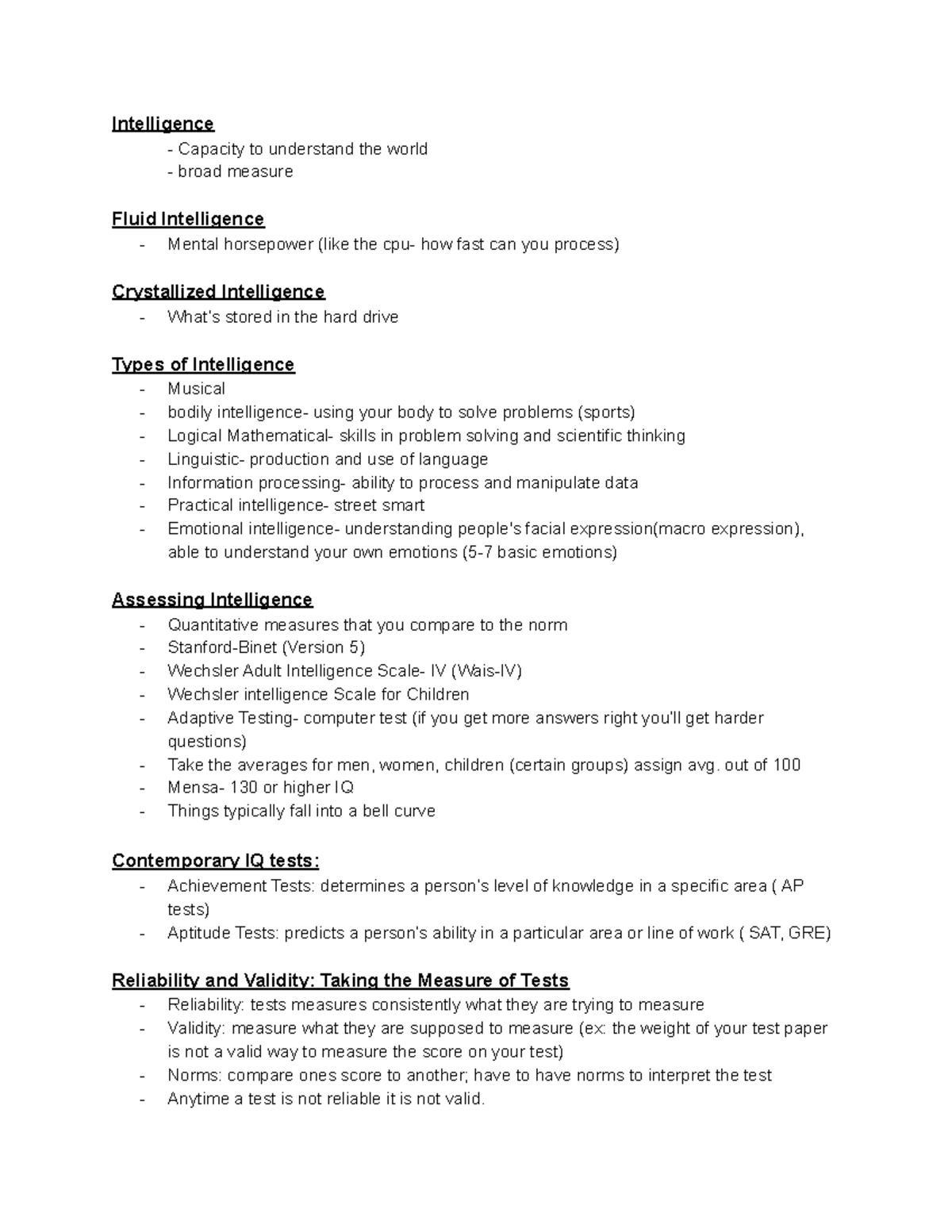 Psych Ch 7 Notes - Intelligence Capacity to understand the world broad ...