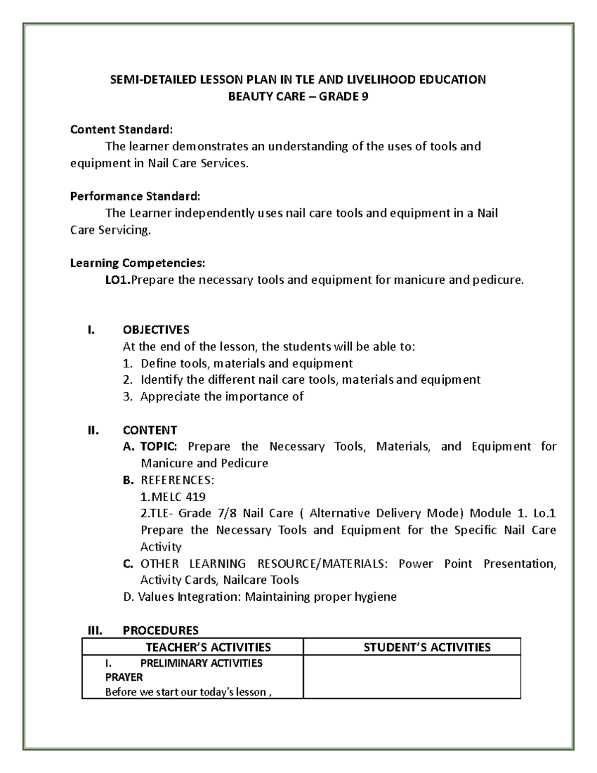 Lesson PLAN IN TLE AND Livelihood Education SEMIDETAILED LESSON PLAN