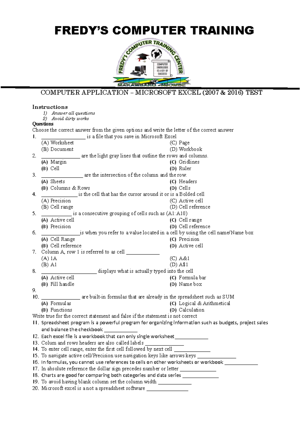 MS Excel - TEST - COMPUTER APPLICATION – MICROSOFT EXCEL (2007 & 2016 ...