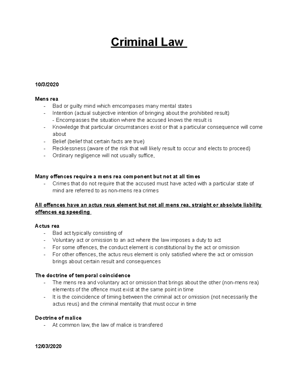 Criminal Law - notes - Criminal Law 10/3/ Mens rea - Bad or guilty mind ...