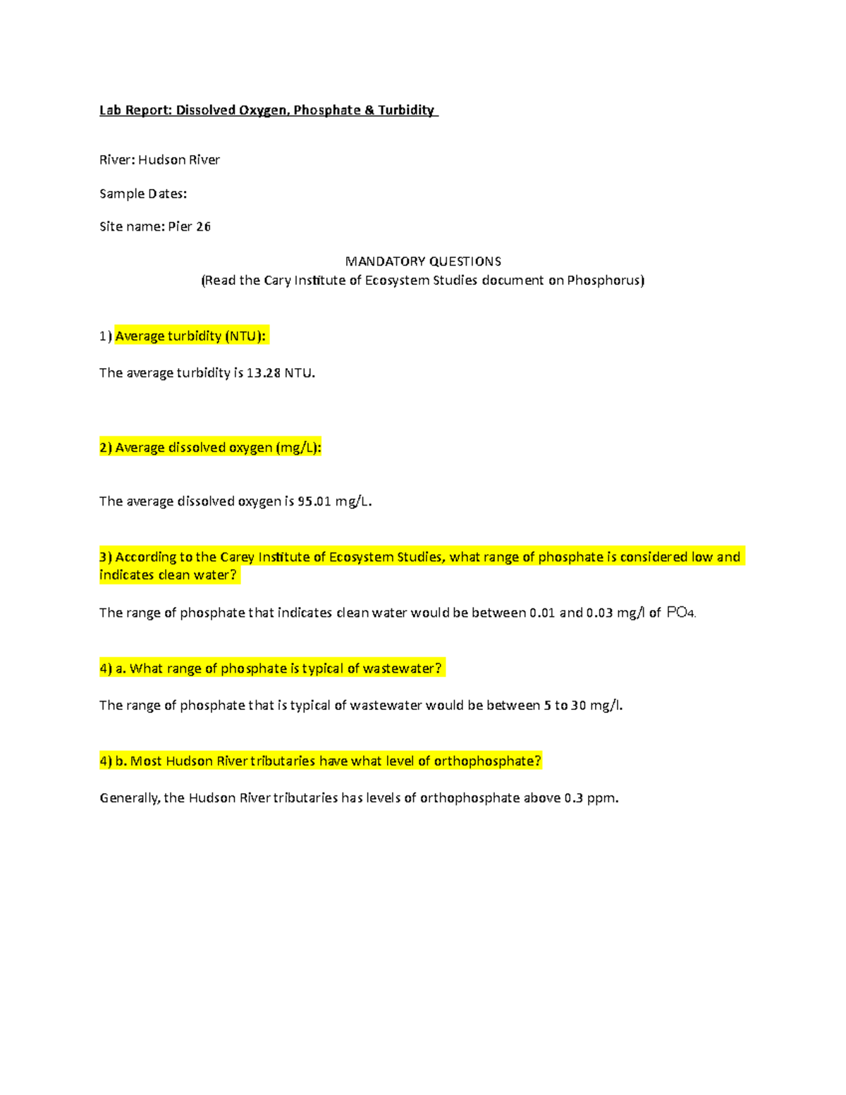 Phopshate turbidity post lab report Lab Report Dissolved Oxygen