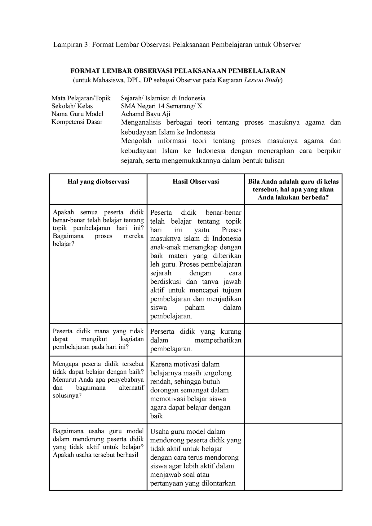 Lampiran 3 - Format Lembar Observasi Pelaksanaan Pembelajaran Untuk ...