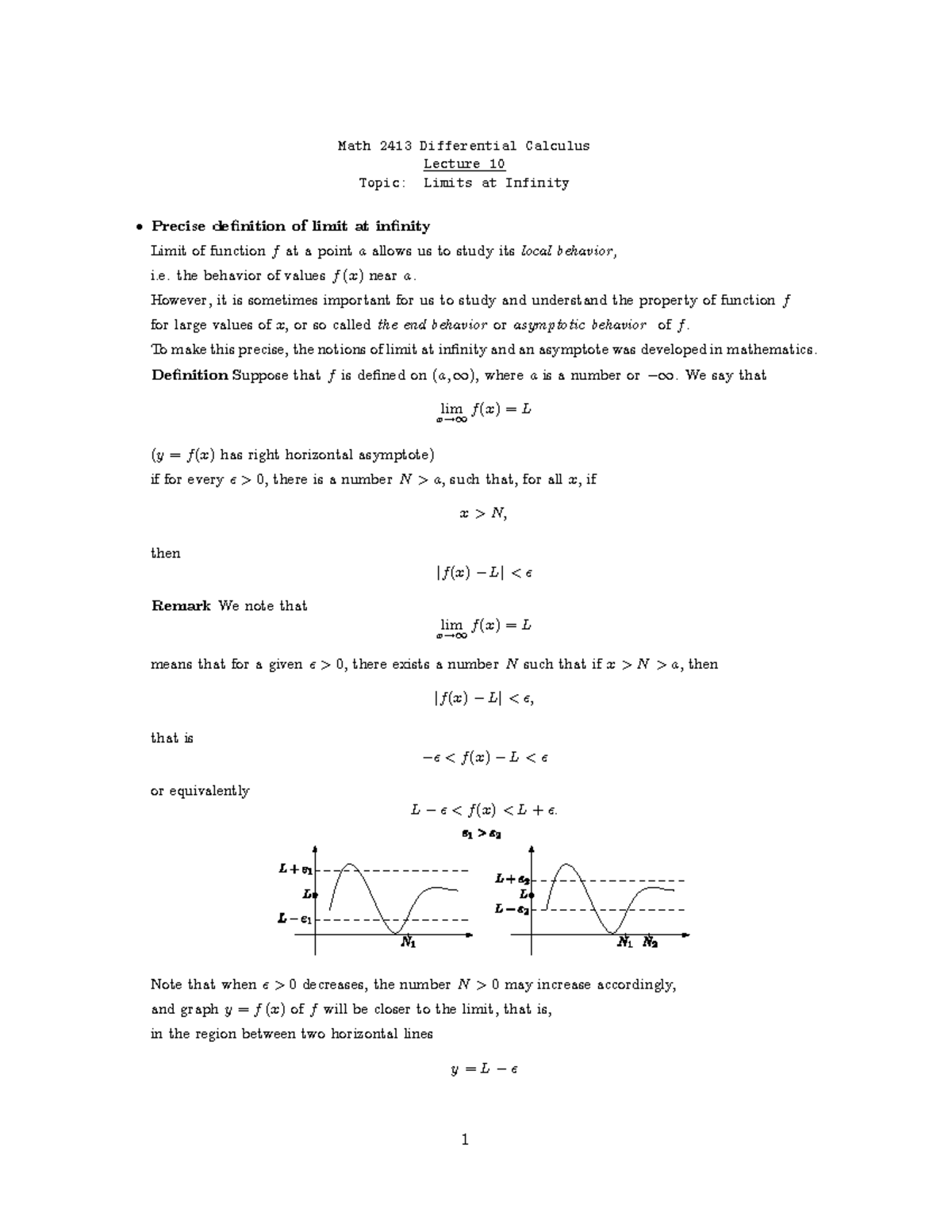 Lecture 10 Notes N p Qd Mn KX Math 2413 Differential Calculus Lecture 10 Topic Limits at