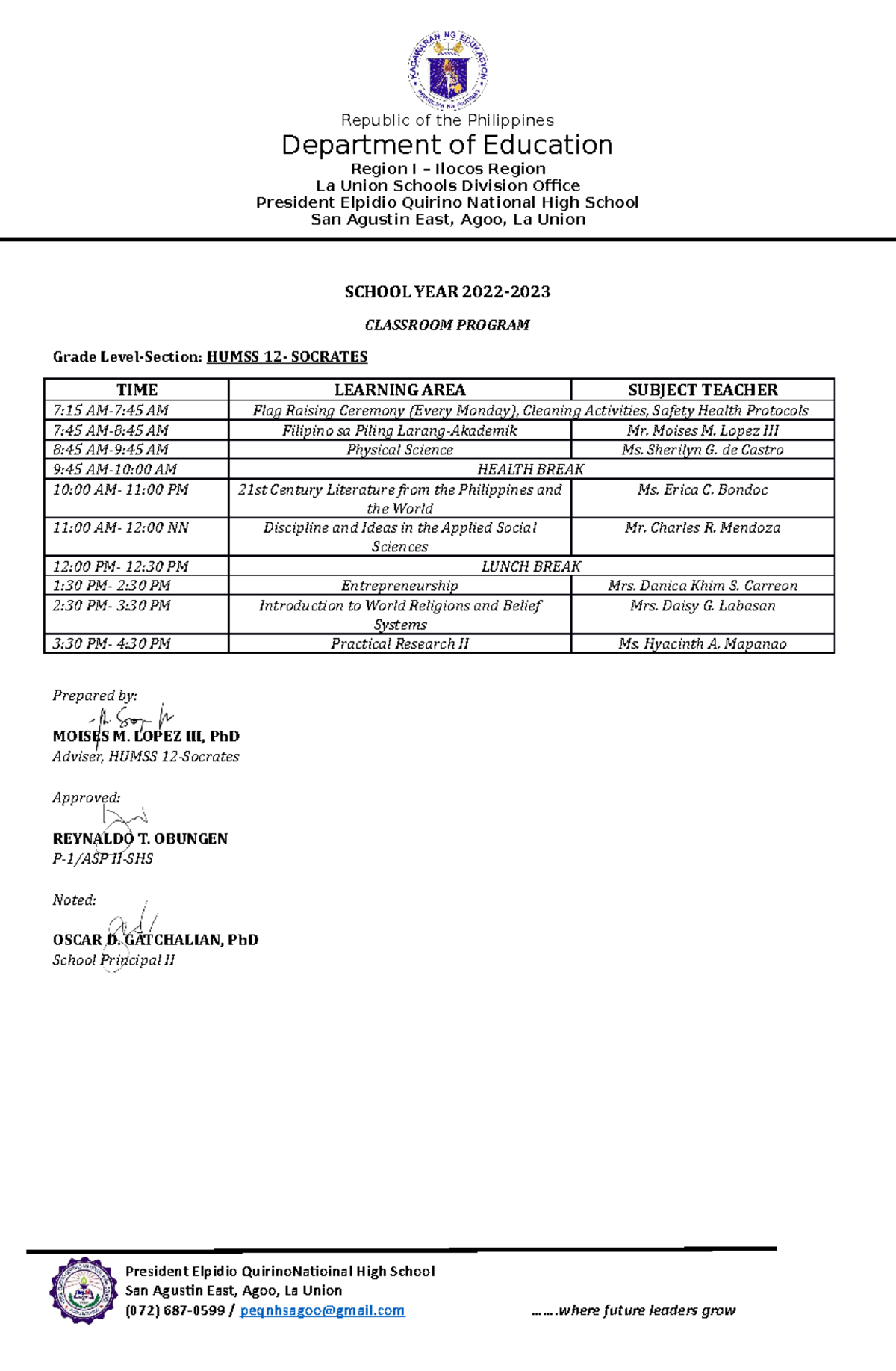 Class Program 22-23 - Republic of the Philippines Department of ...