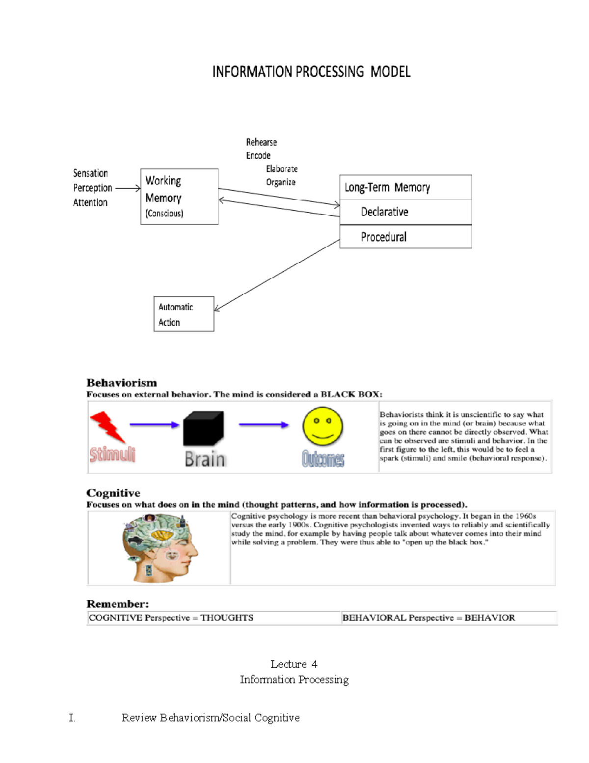 Exam 3 Notes - Lecture 4 Information Processing I. Review Behaviorism ...