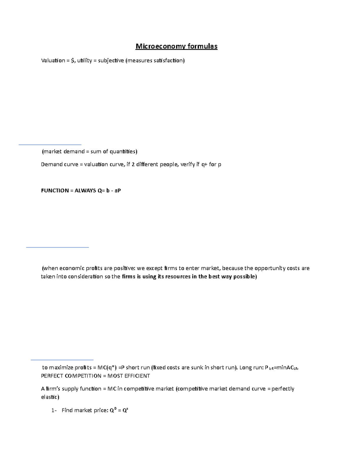 Formulas micro midterm - Microeconomy formulas Valuation = $, utility ...