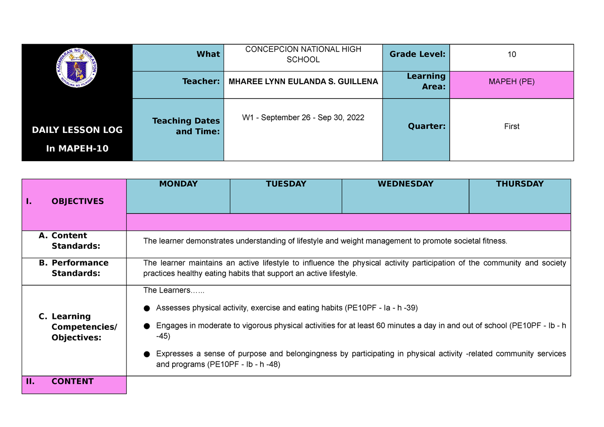 Pe10 Week1 Pe10 Week1 Daily Lesson Log In Mapeh What Concepcion