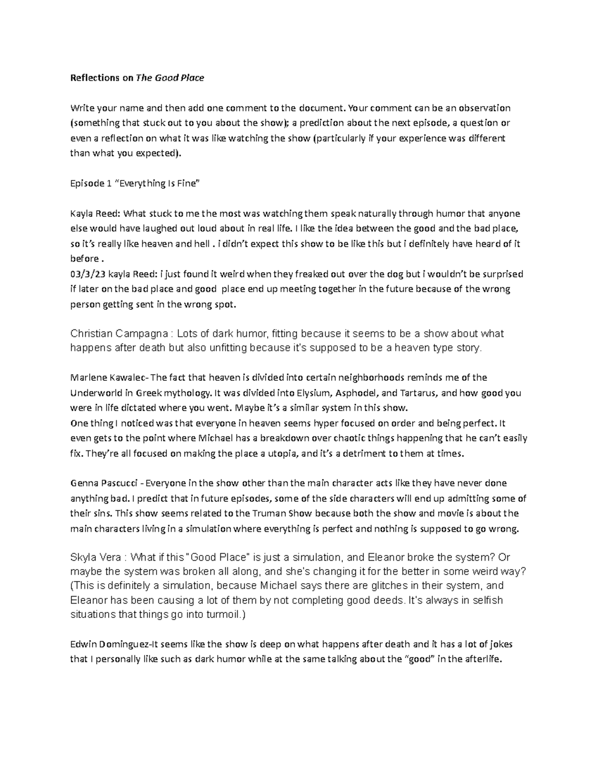 945 Reflections on The Good Place - Reflections on The Good Place Write ...