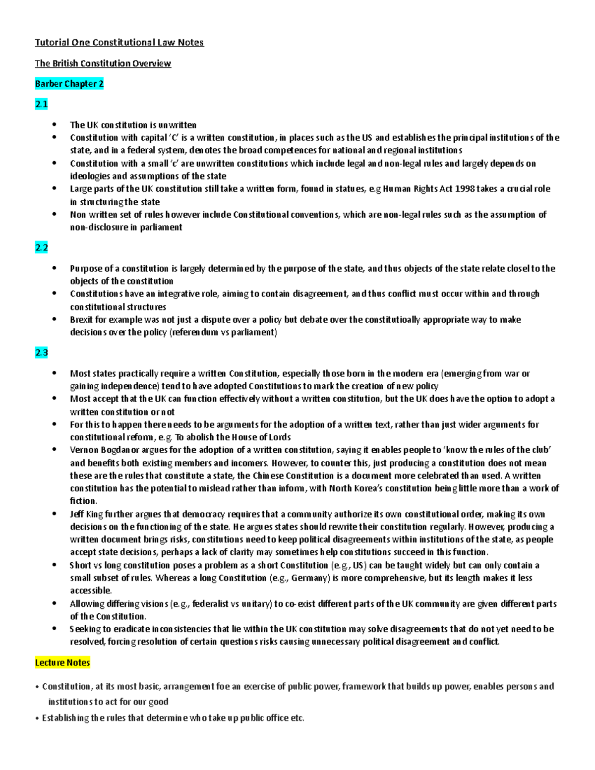 Tutorial One Constitutional Law Notes - The UK constitution is ...