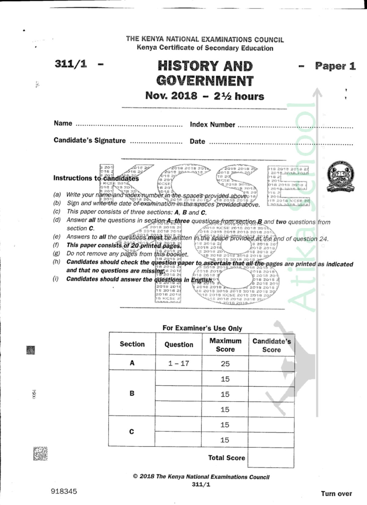 History KCSE 2018 Paper 1 THE KENYA NATIONAL EXAMINATIONS COUNCIL