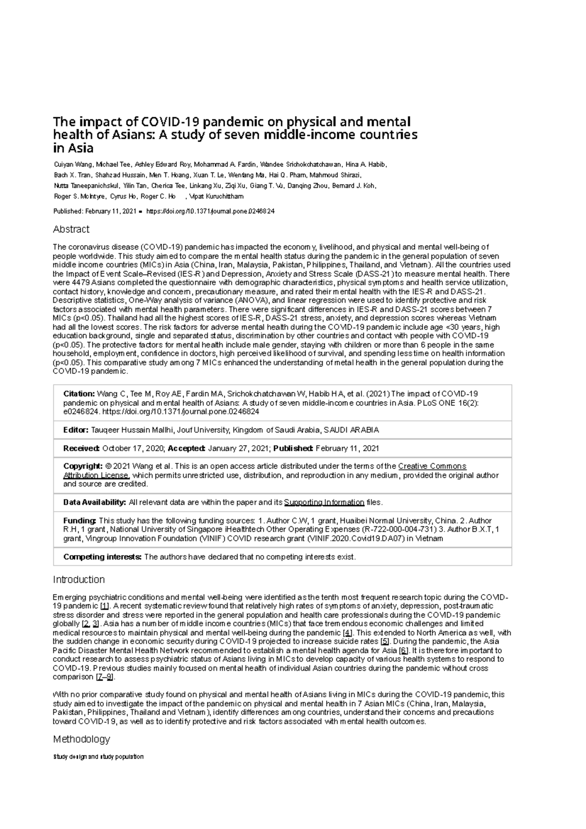 The impact of Covid-19 pandemic on physical and mental health of Asians ...
