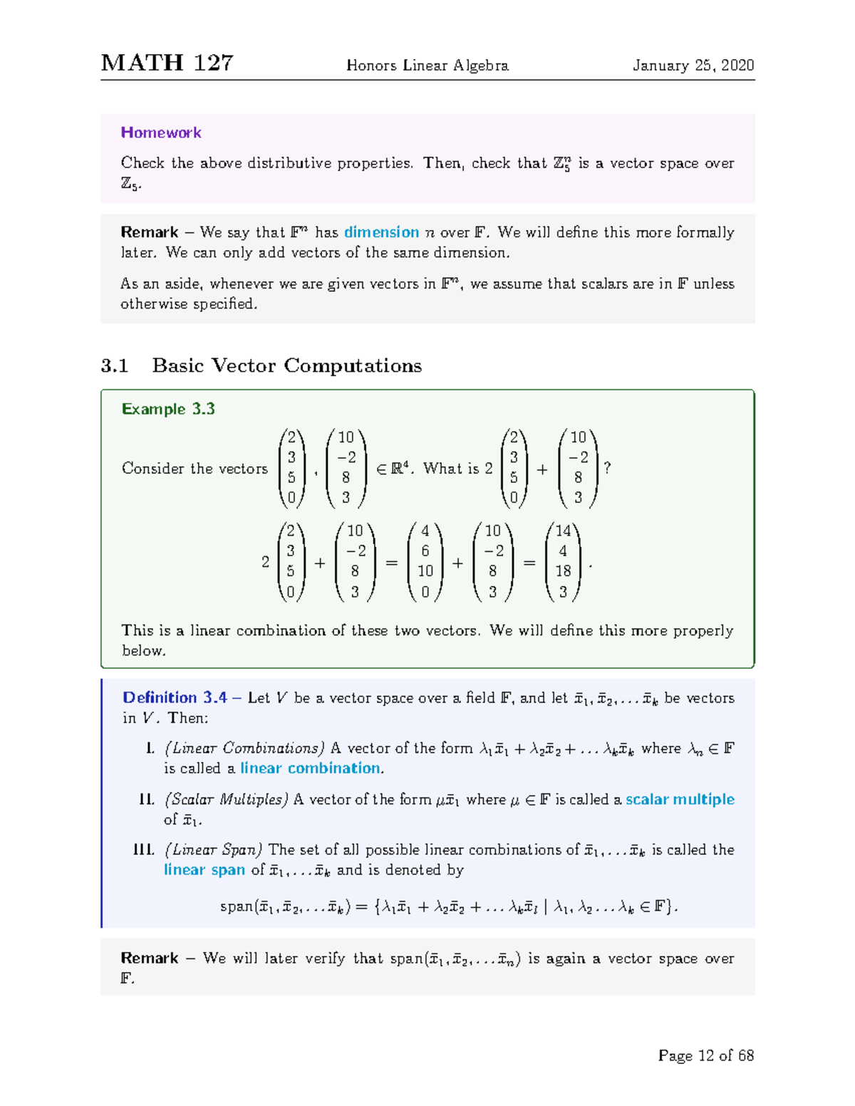 MATH 235-12 - Lecture notes 12 - MATH 127 Honors Linear Algebra January ...