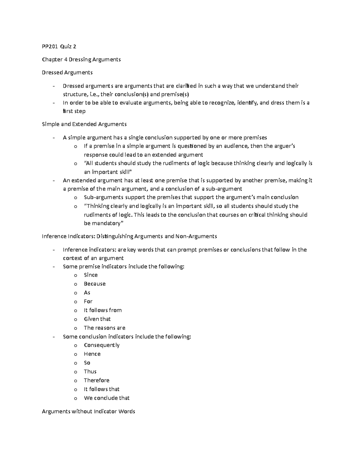 Work for Quiz 2 - PP201 - PP201 Quiz 2 Chapter 4 Dressing Arguments ...