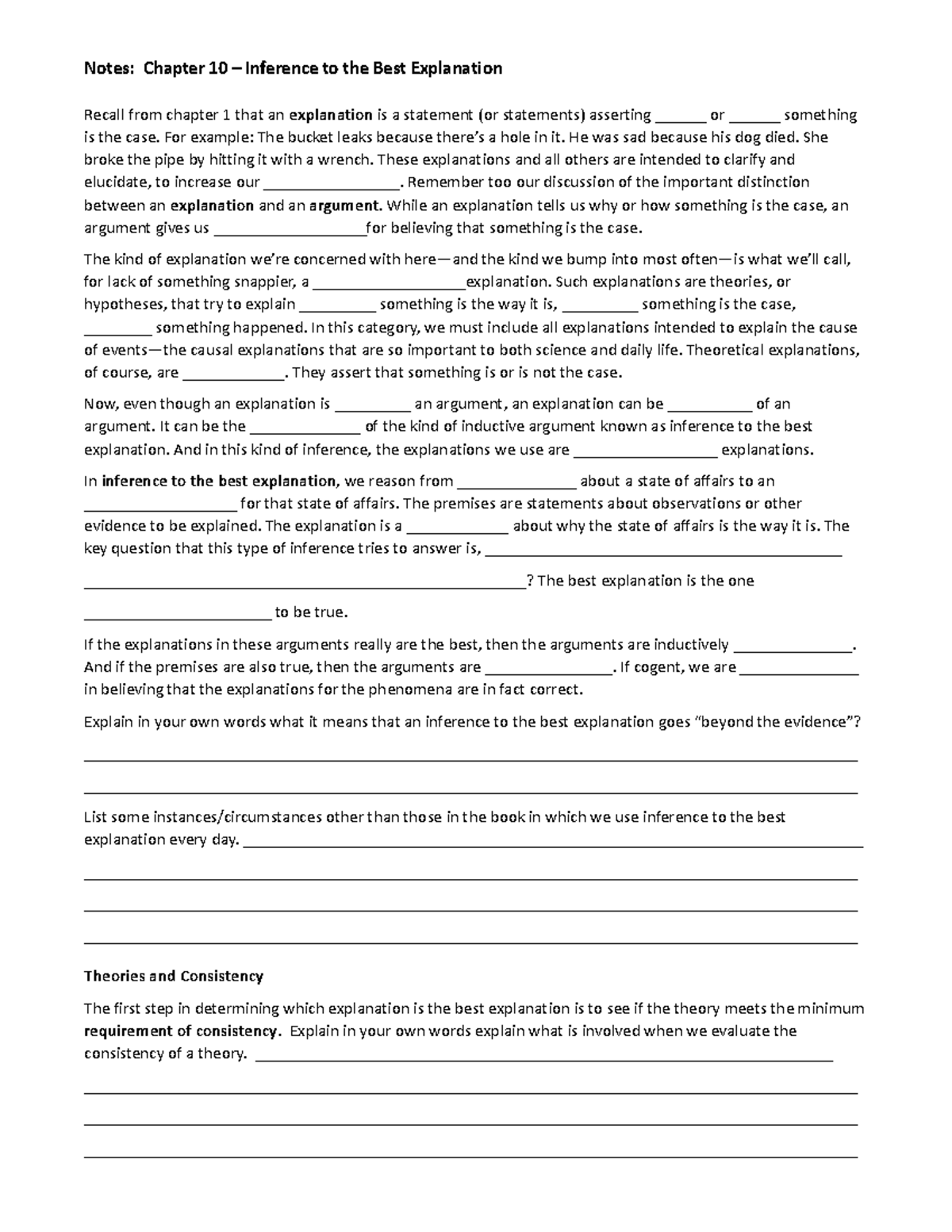 Chapter 10 Guided Reading Notes - Notes: Chapter 10 – Inference to the ...