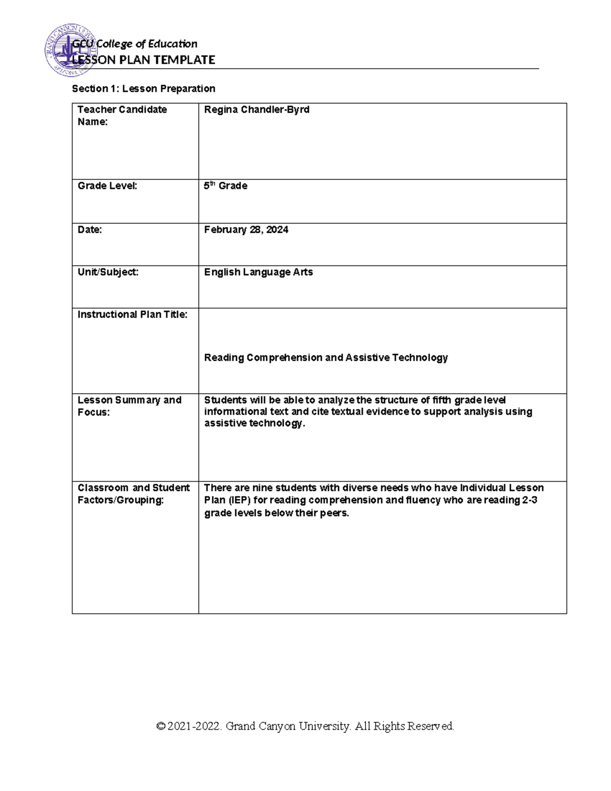 Chandler Byrd Regina SPED 550 ELA Lesson Plan and Rationale Final ...