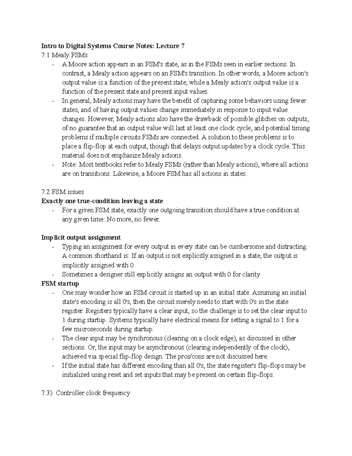 Intro to Digital Systems Course Notes Lecture 7 - In contrast, a Mealy ...