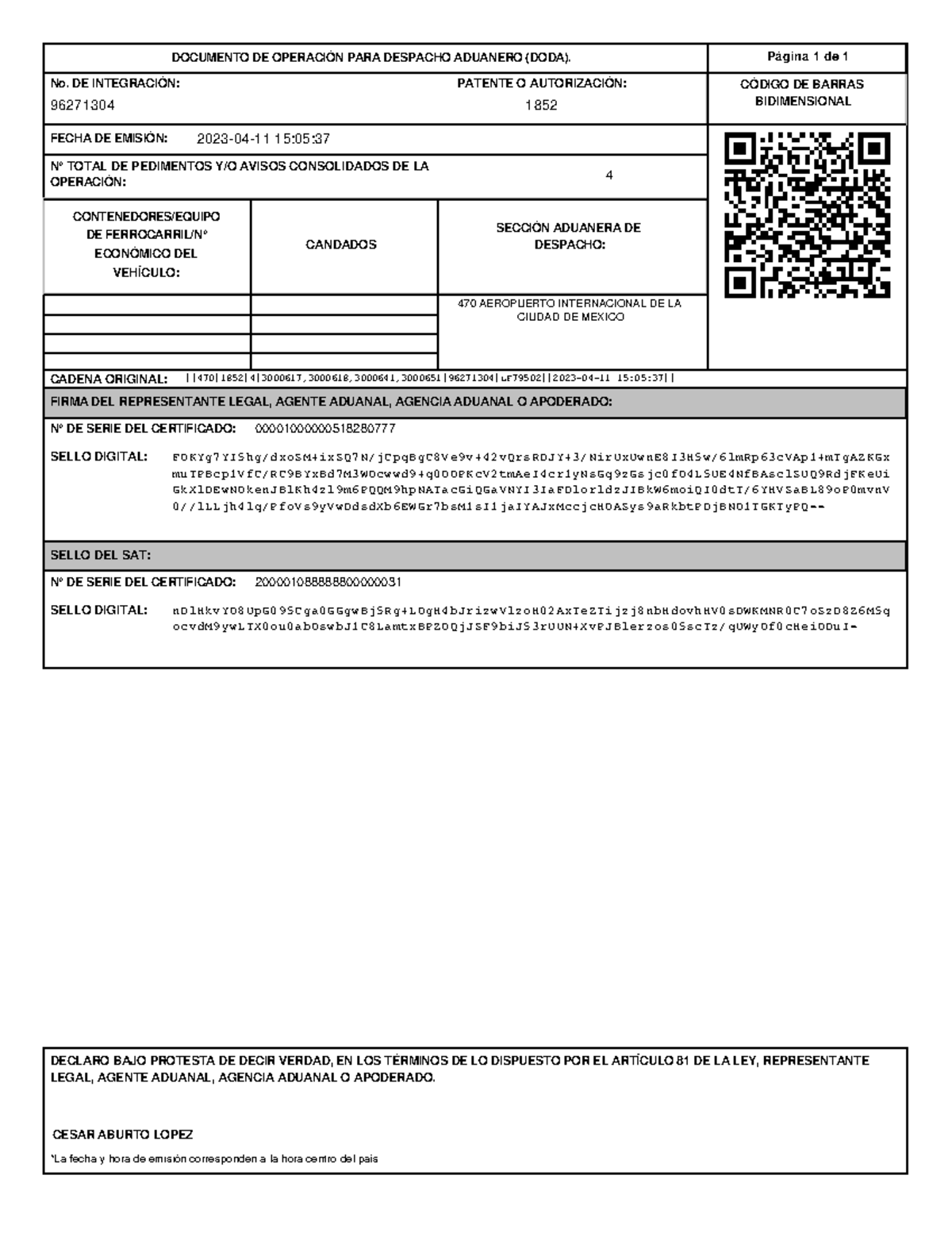 Doda Final Ok Doda De Un Pedimento DOCUMENTO DE OPERACI N PARA 