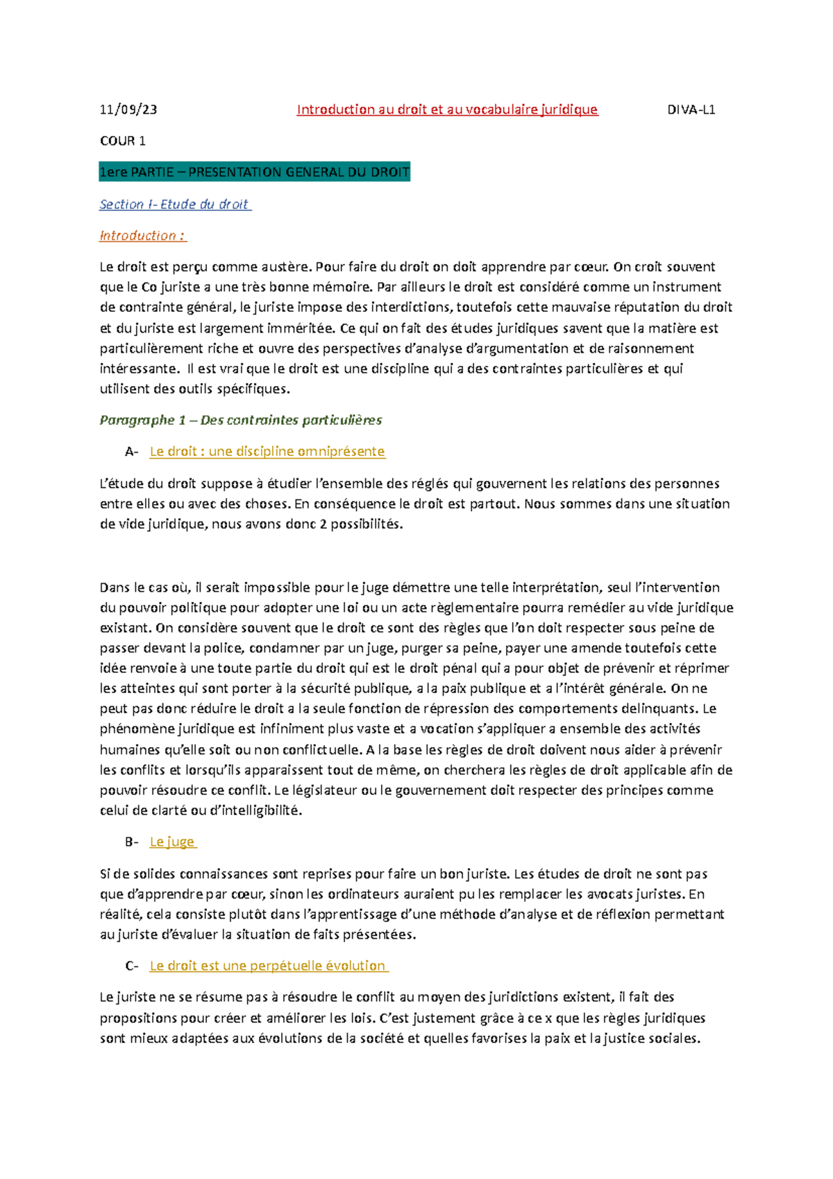 Cour 1 introduction au droit et au voc jurid - 11/09/23 Introduction au ...