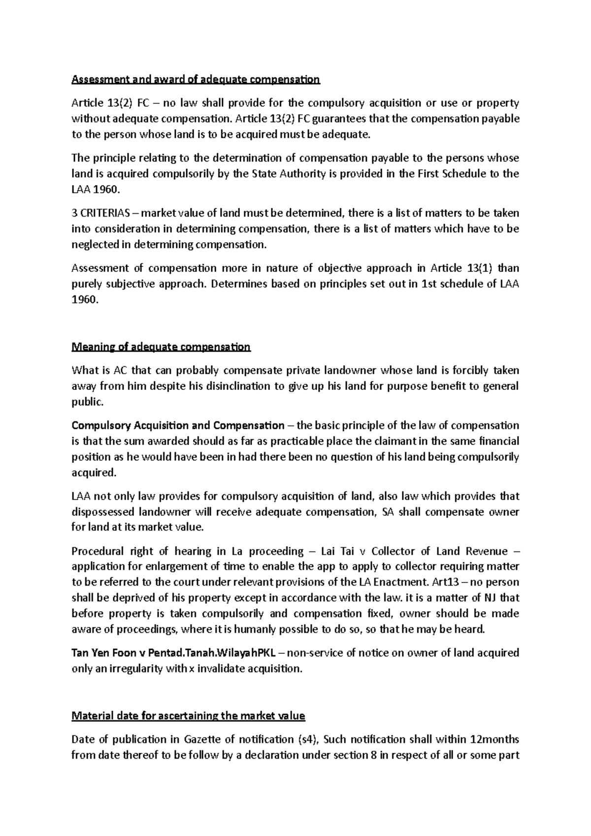 Market value - Summary Land law I - Assessment and award of adequate ...