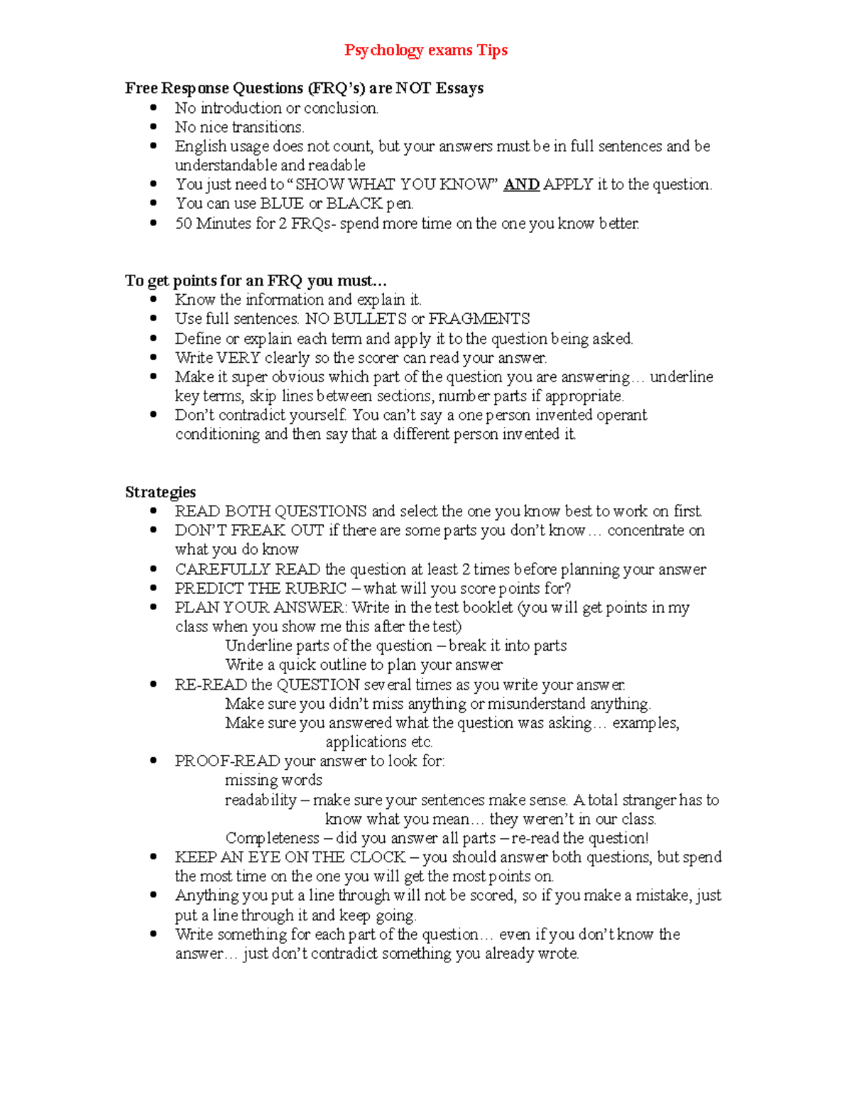 Psycho Exam Tips Psychology exams Tips Free Response Questions (FRQ’s