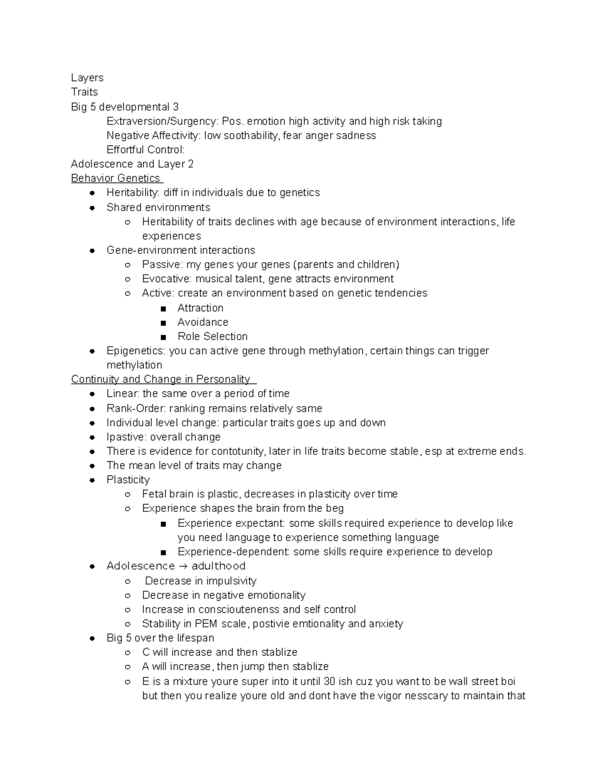 Psych Notes Final 215 - Layers Traits Big 5 developmental 3 ...
