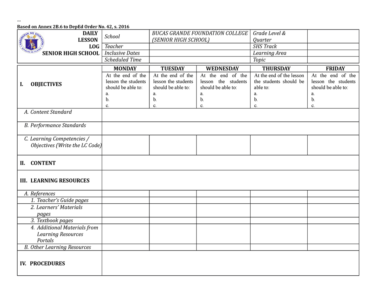 DLL Format for Senior High School - Based on Annex 2B to DepEd Order No ...