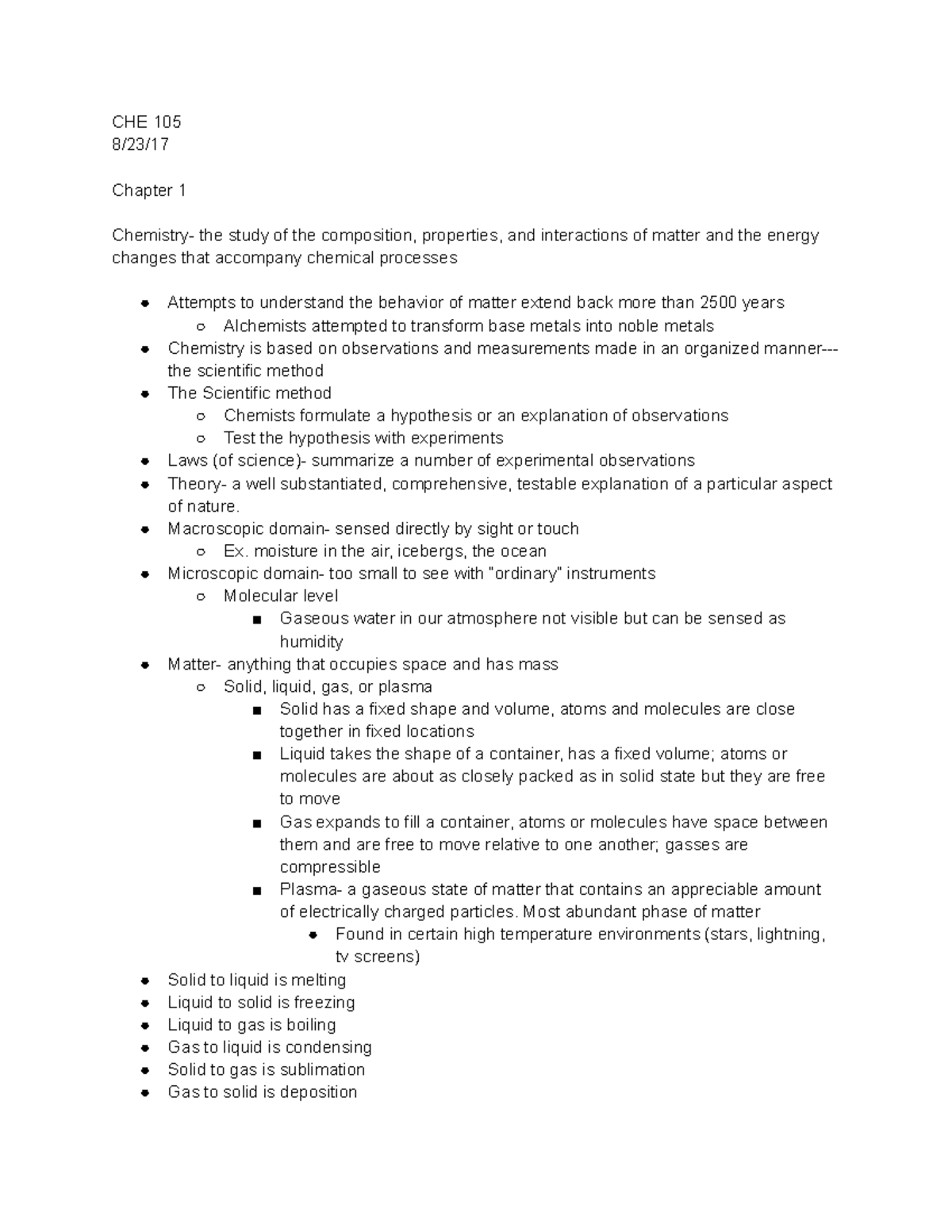 17 Notes - CHE 105 8/23/ Chapter 1 Chemistry- the study of the ...