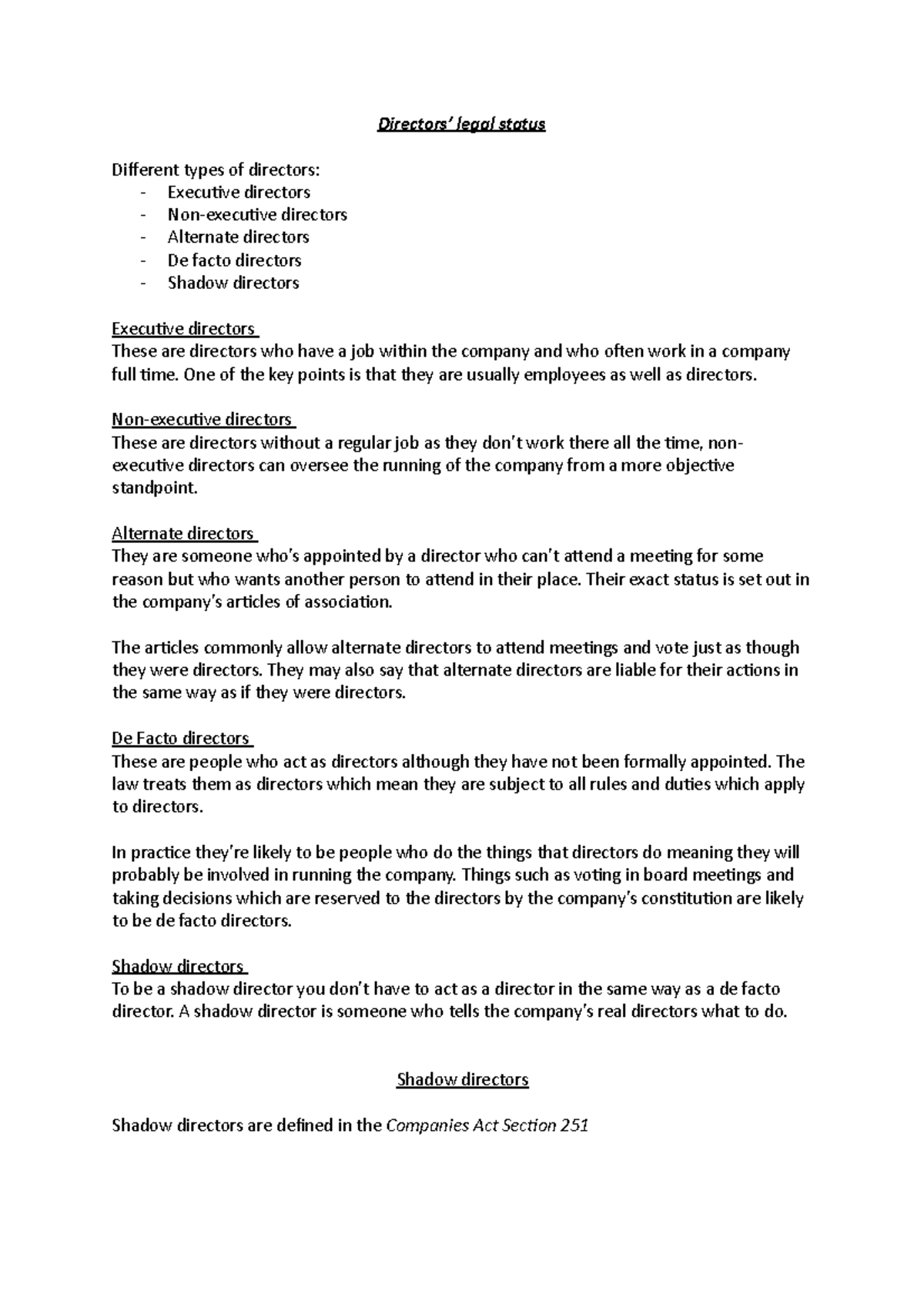 Directors Directors’ legal status Different types of directors